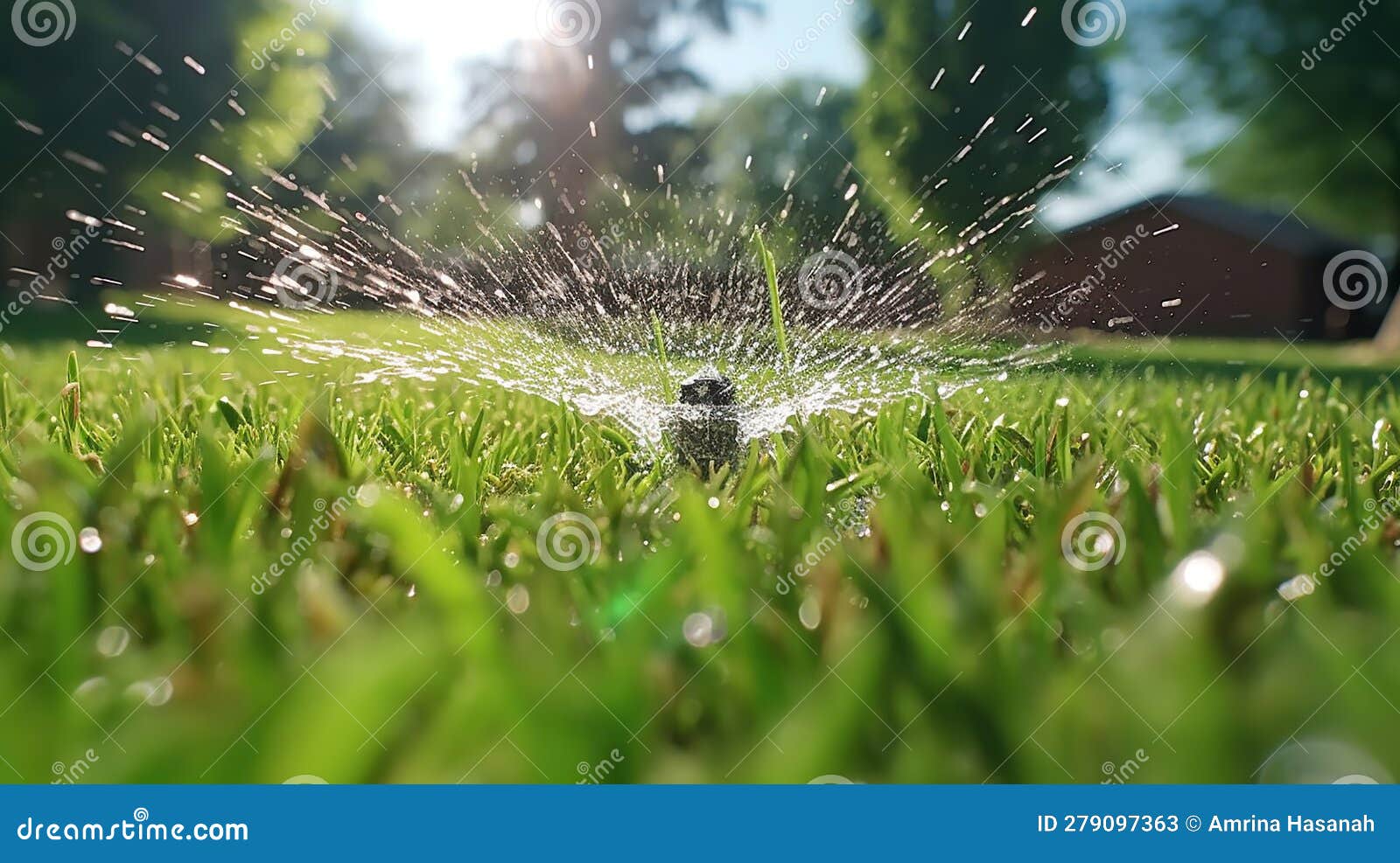 Automatic Lawn Sprinkler Watering Green Grass. Sprinkler with Automatic