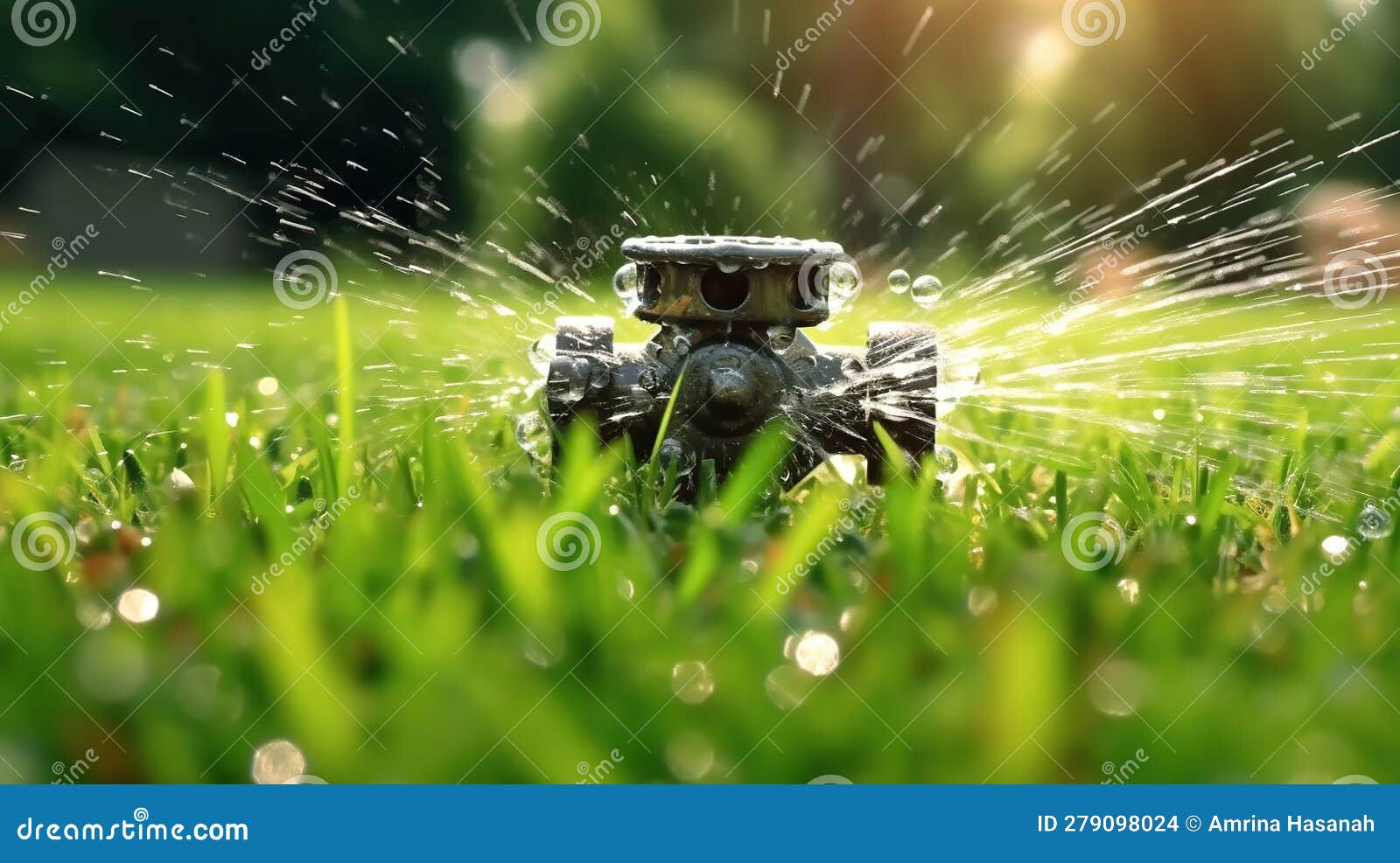 Automatic Lawn Sprinkler Watering Green Grass. Sprinkler with Automatic