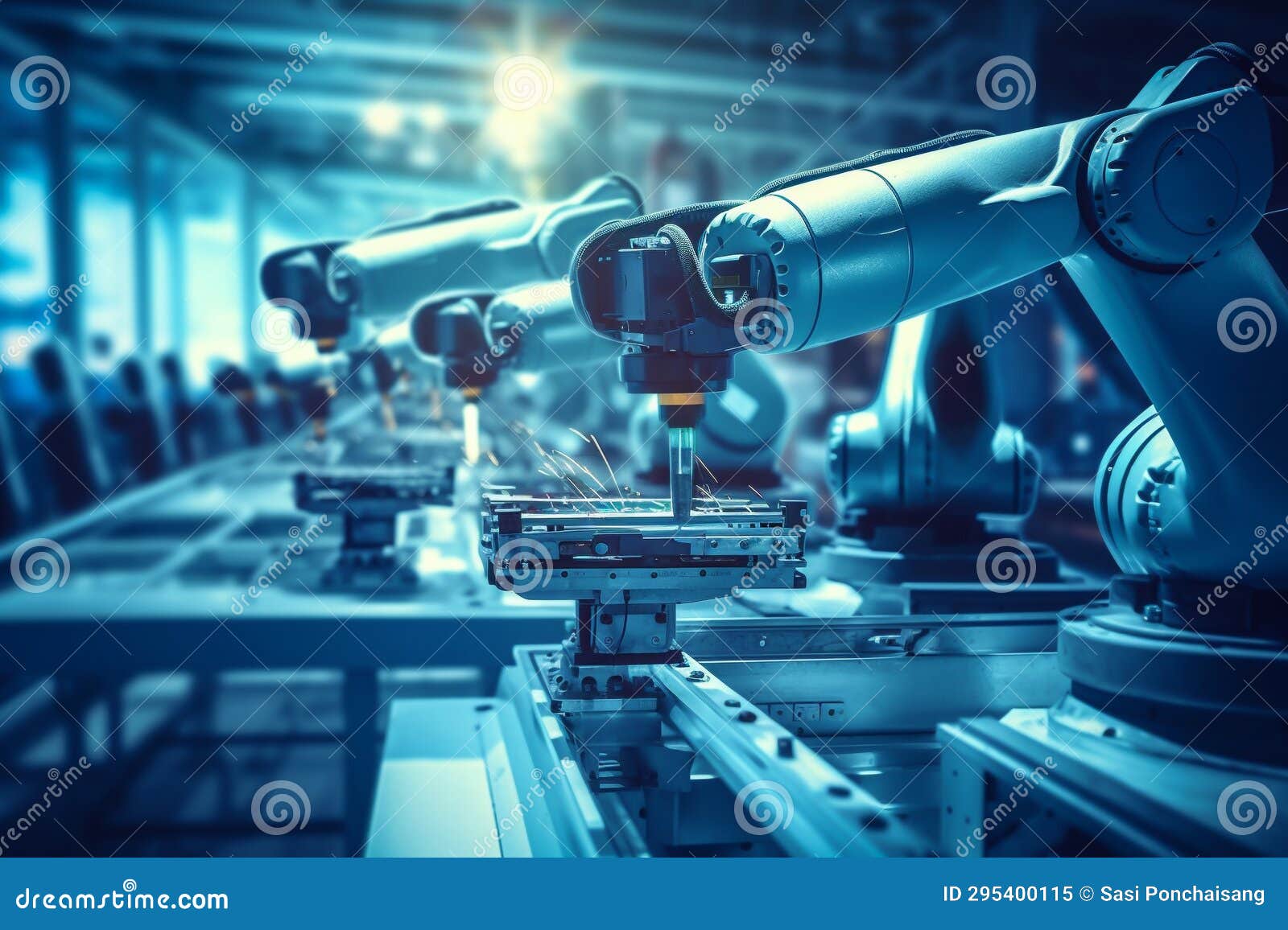 automatic robotic arms for electronic assembly line in a smart modern factory. generative ai