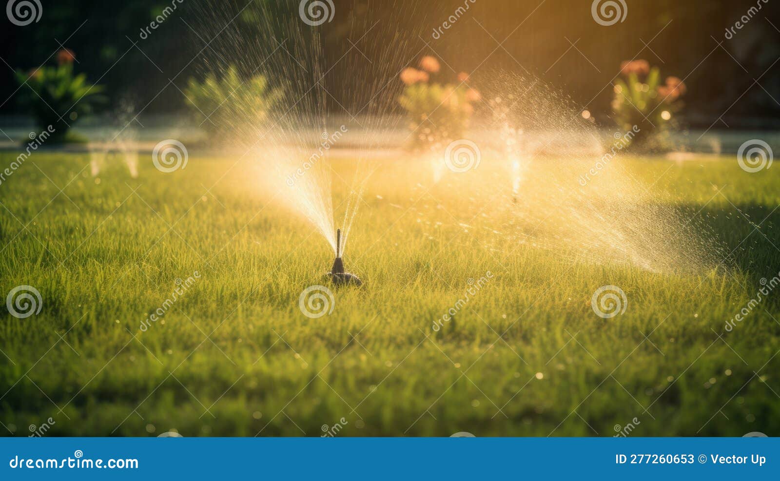 Automatic Sprinkler System Watering the Lawn. Generative AI Stock Image