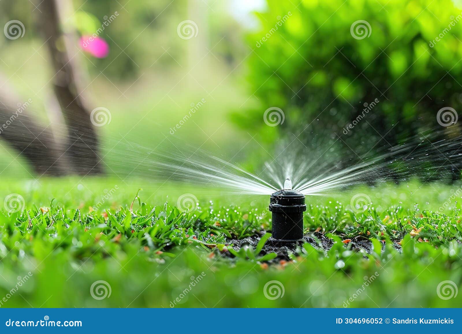 An Automatic Sprinkler Waters the Lawn in a Garden. Generative AI Stock Illustration