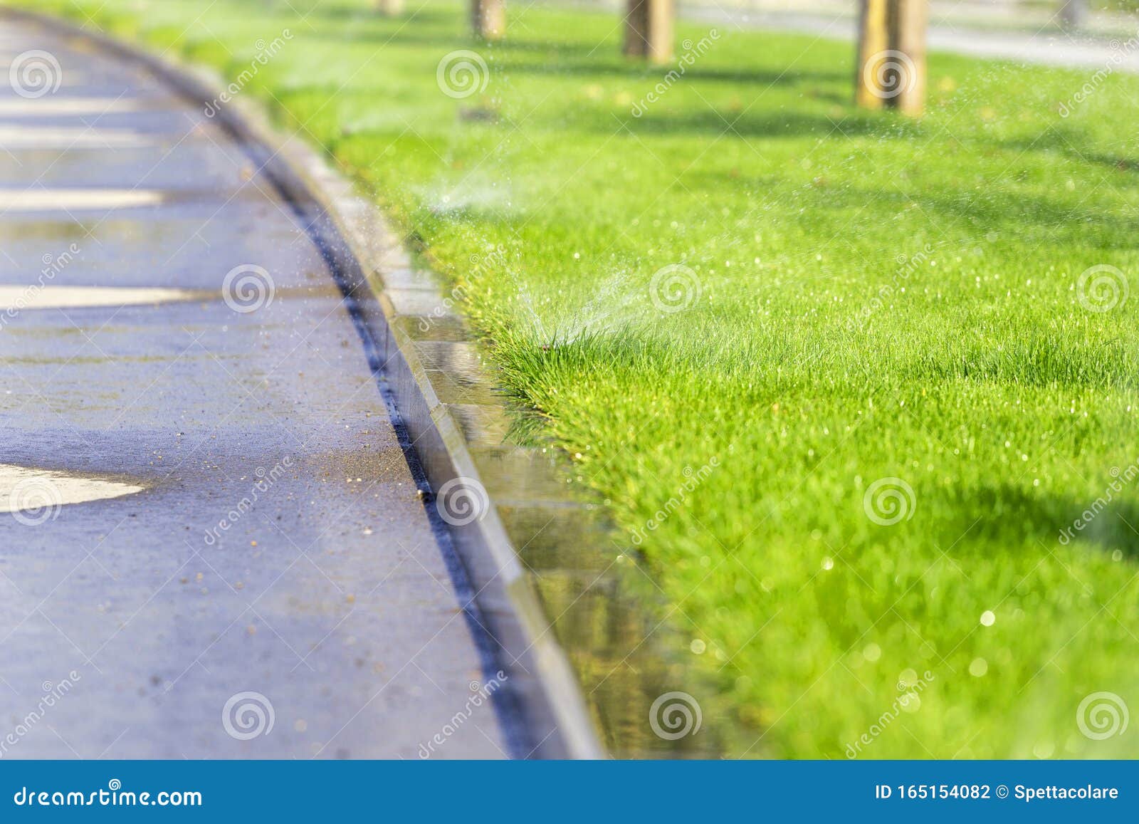 Automatic Underground Sprinkler System Watering Park Stock Photo