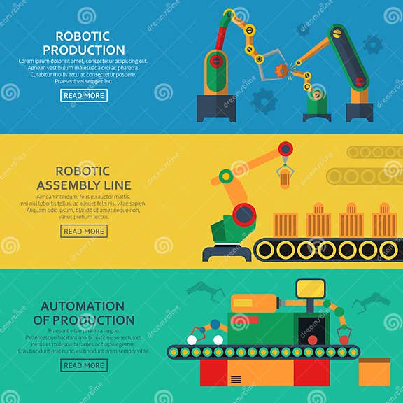 Automation Horizontal Banners Set With Assembly Line And Robotic