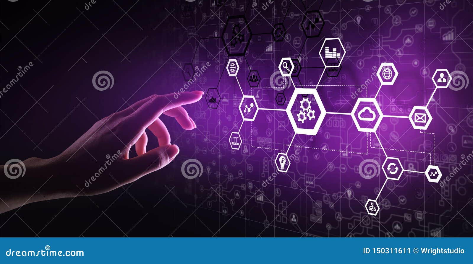 automation system structure on virtual screen. smart manufacturing technology and internet of things concept.
