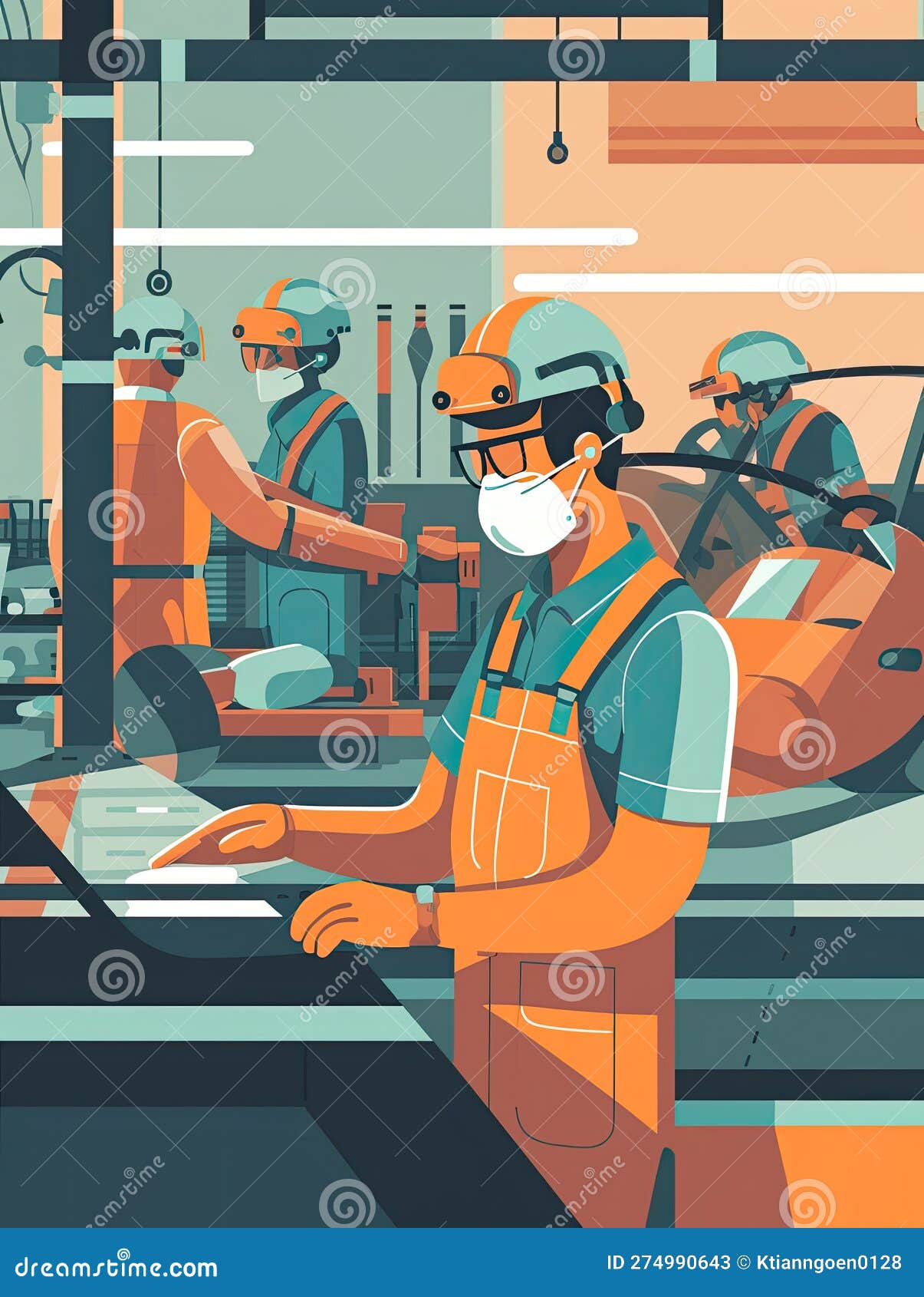 Automotive Engineer Working on a Production Line, Overseeing the