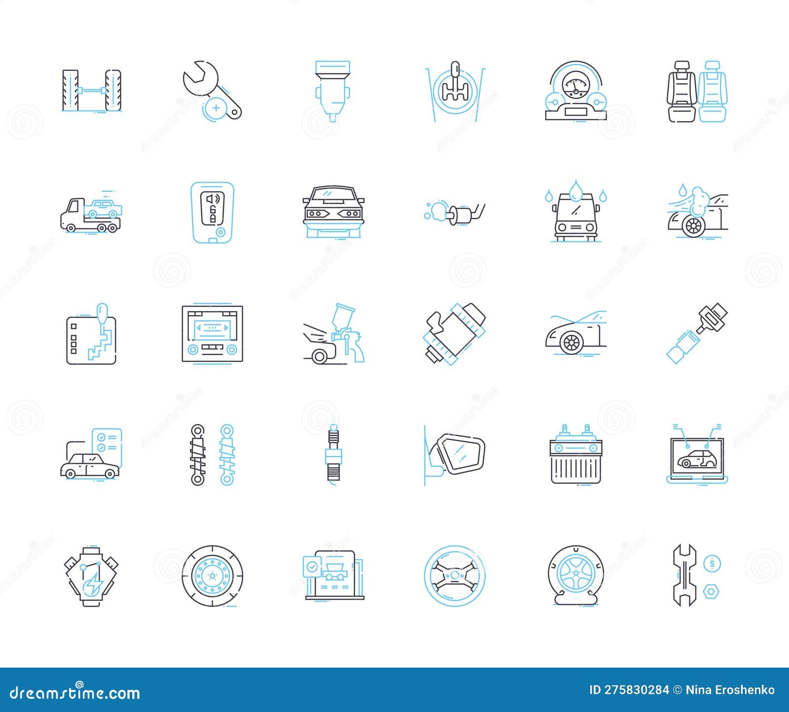 automotive maintenance linear icons set. lubrication, inspection, tune-up, alignment, battery, brake, carburetor line