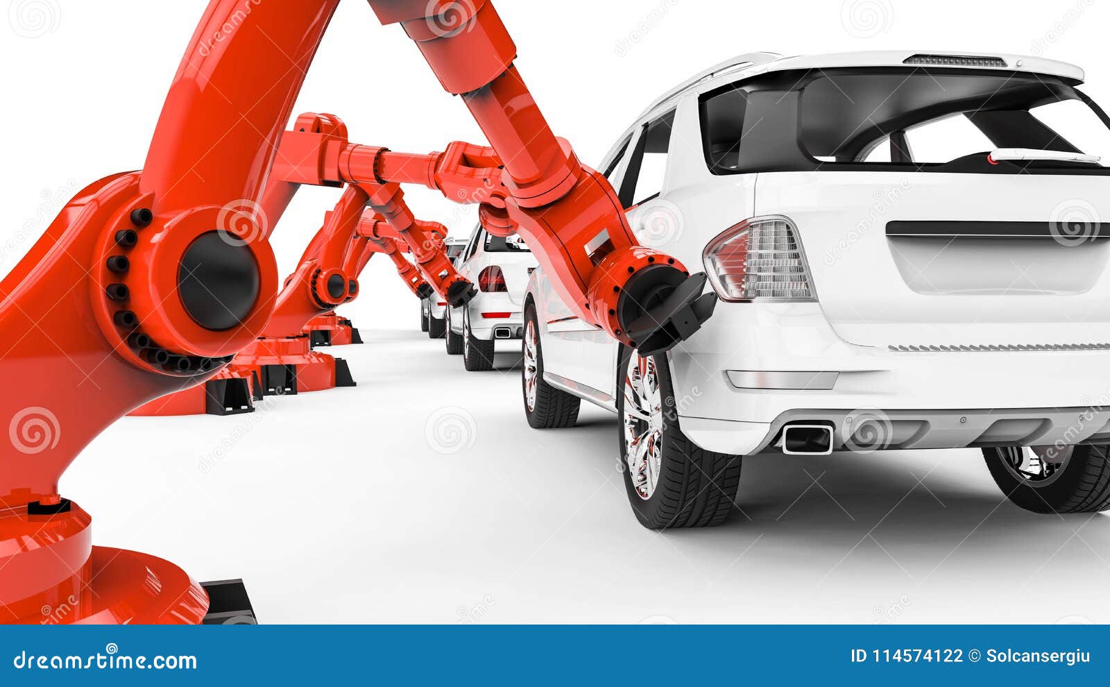 Automotive robots in a factory line. 3D render image representing a factory line with automotive robots and cars