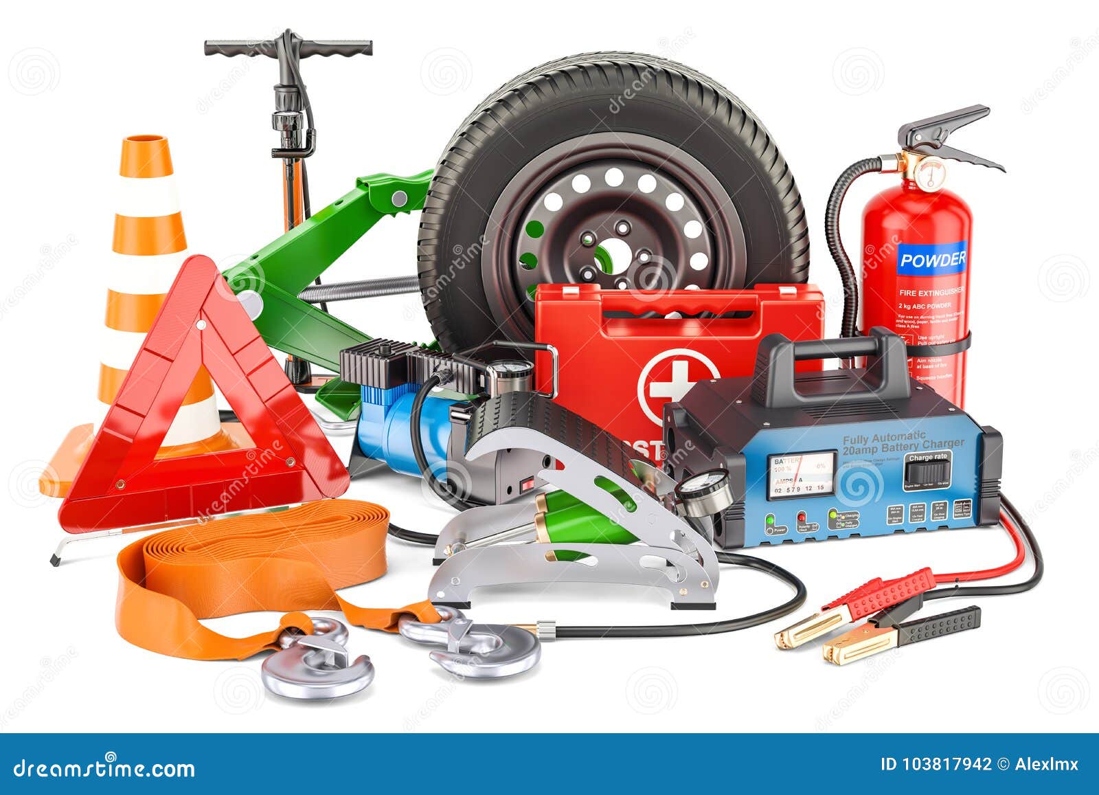 Car Tools, Equipment and Accessories. 3D Rendering Stock Illustration -  Illustration of safety, extinguisher: 103817942