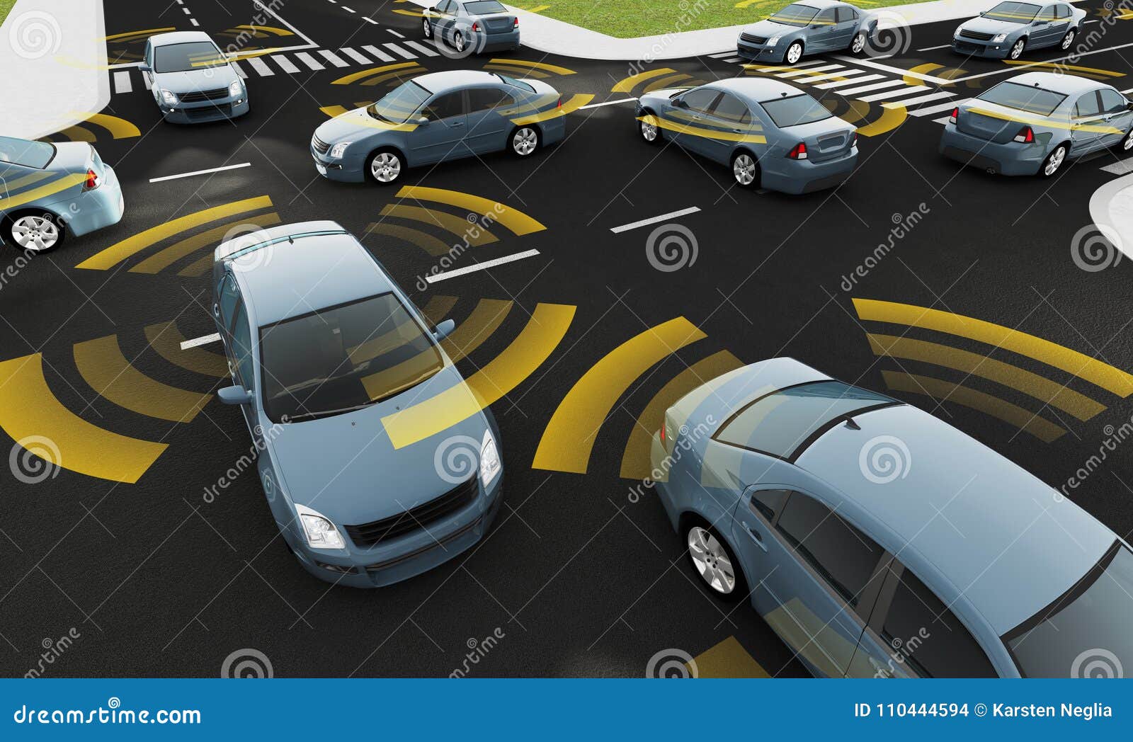 Autonome Autos auf einer Straße mit sichtbarer Verbindung, Wiedergabe 3d