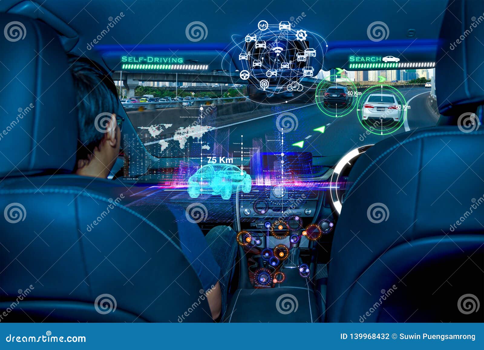 autonomous car with passengers, future technology smart car concept