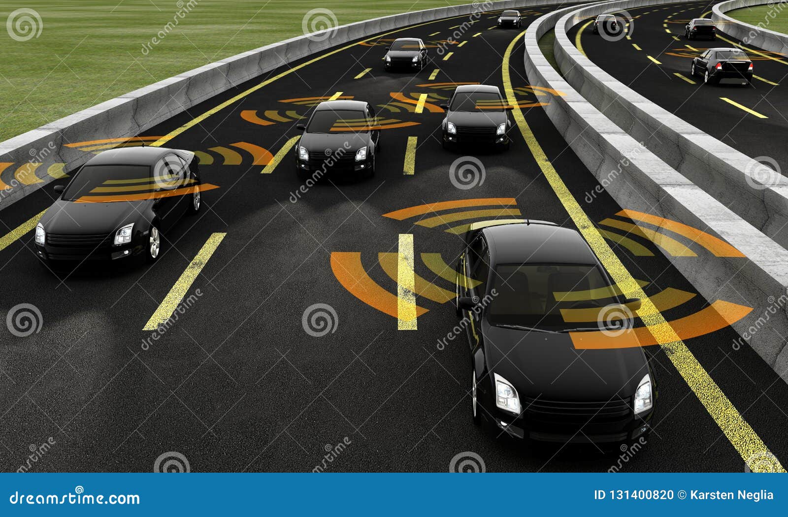 autonomous cars on a road, 3d rendering
