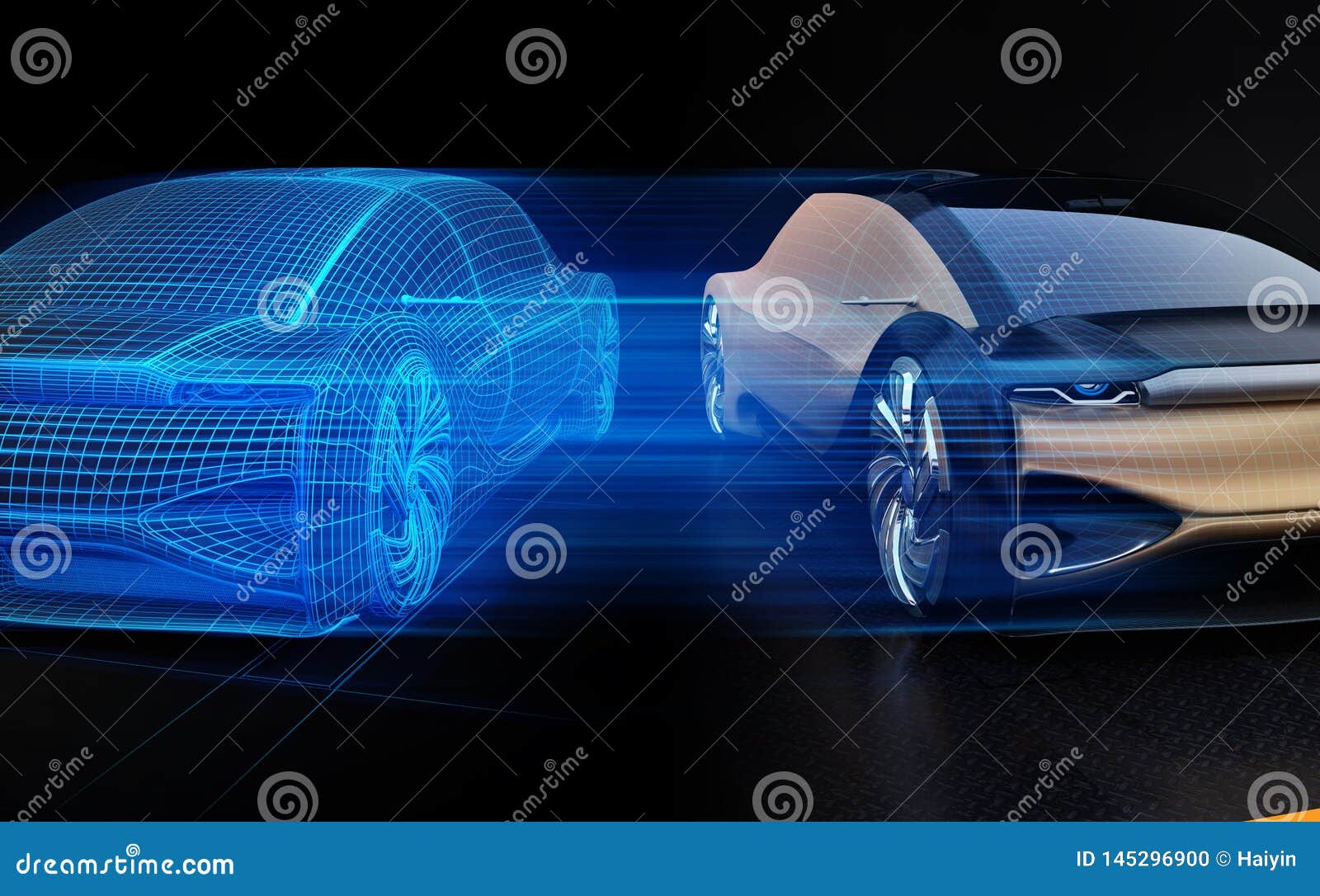 autonomous electric car and wireframe rendering of the car body on right side