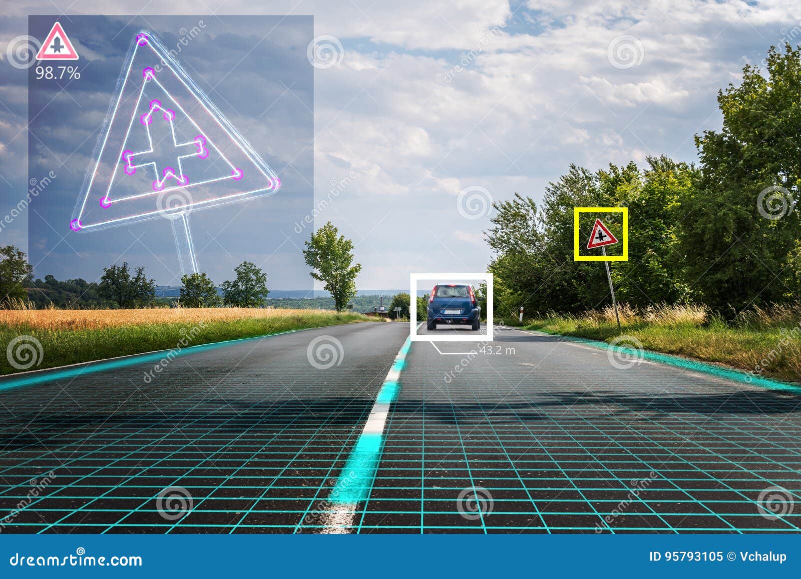 autonomous self-driving car is recognizing road signs. computer vision and artificial intelligence concept