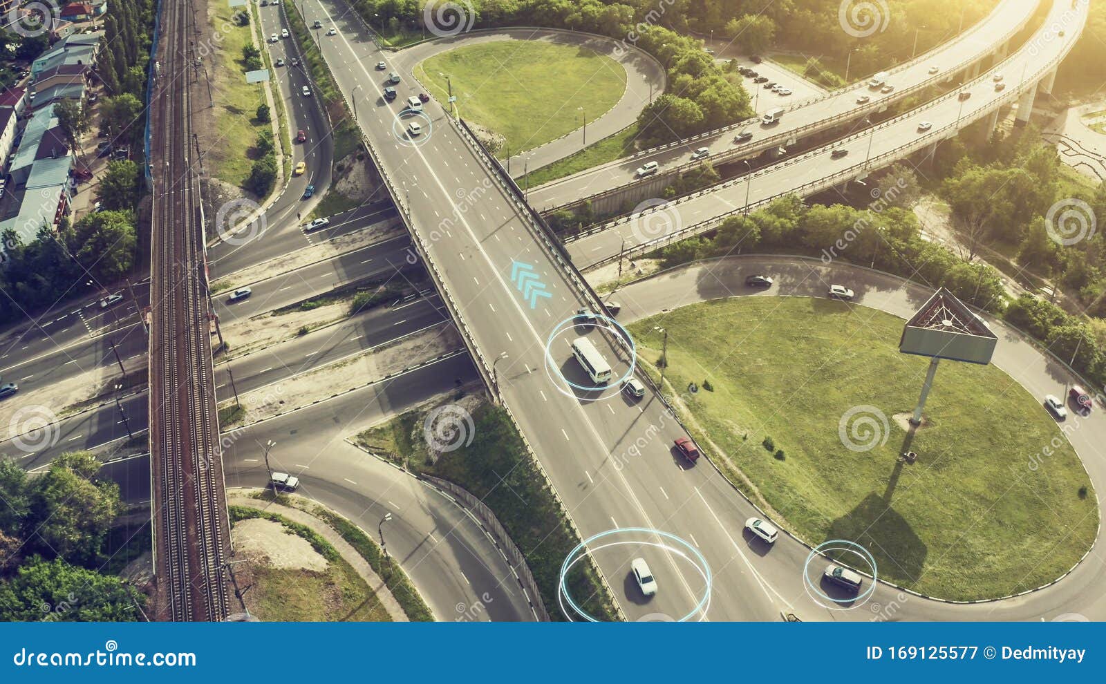 autonomous self driving cars concept. aerial view of cars and buses moving on city intersection and artificial