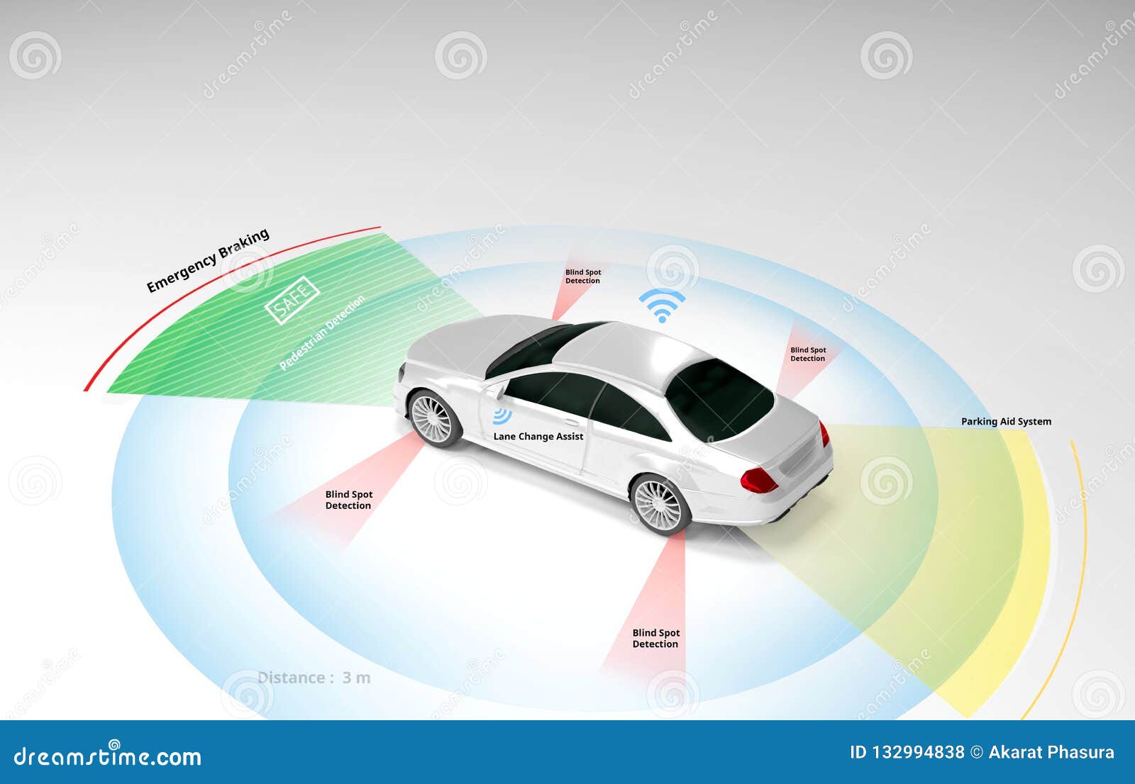 autonomous self-driving electric car showing lidar, radar safety sensors, smart , 3d rendering