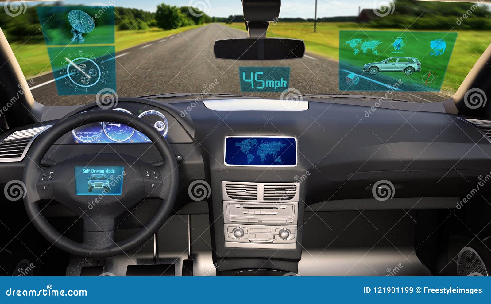 autonomous vehicle, driverless suv car with infographic data driving on the road, inside view, 3d render