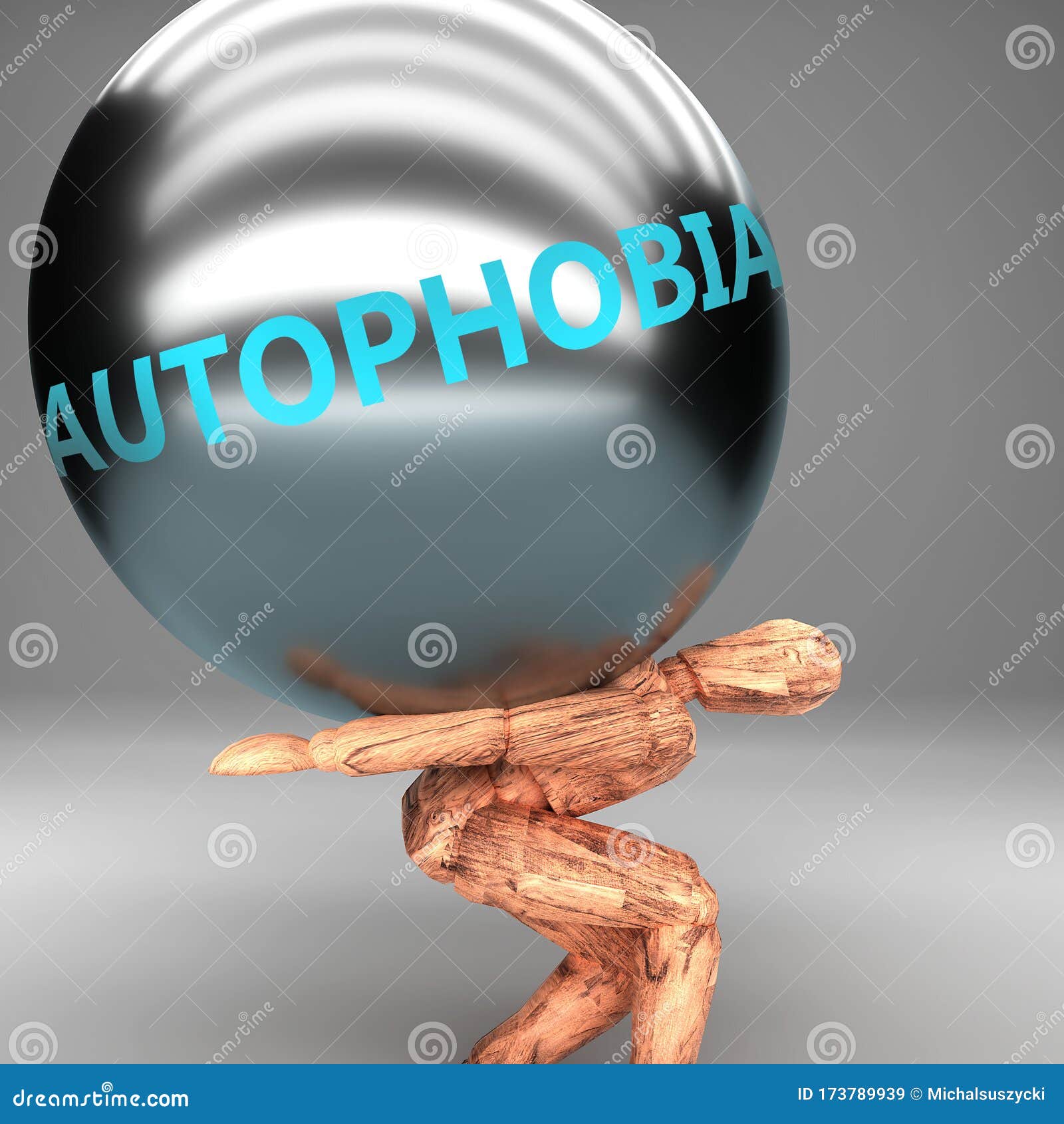 autophobia as a burden and weight on shoulders - ized by word autophobia on a steel ball to show negative aspect of