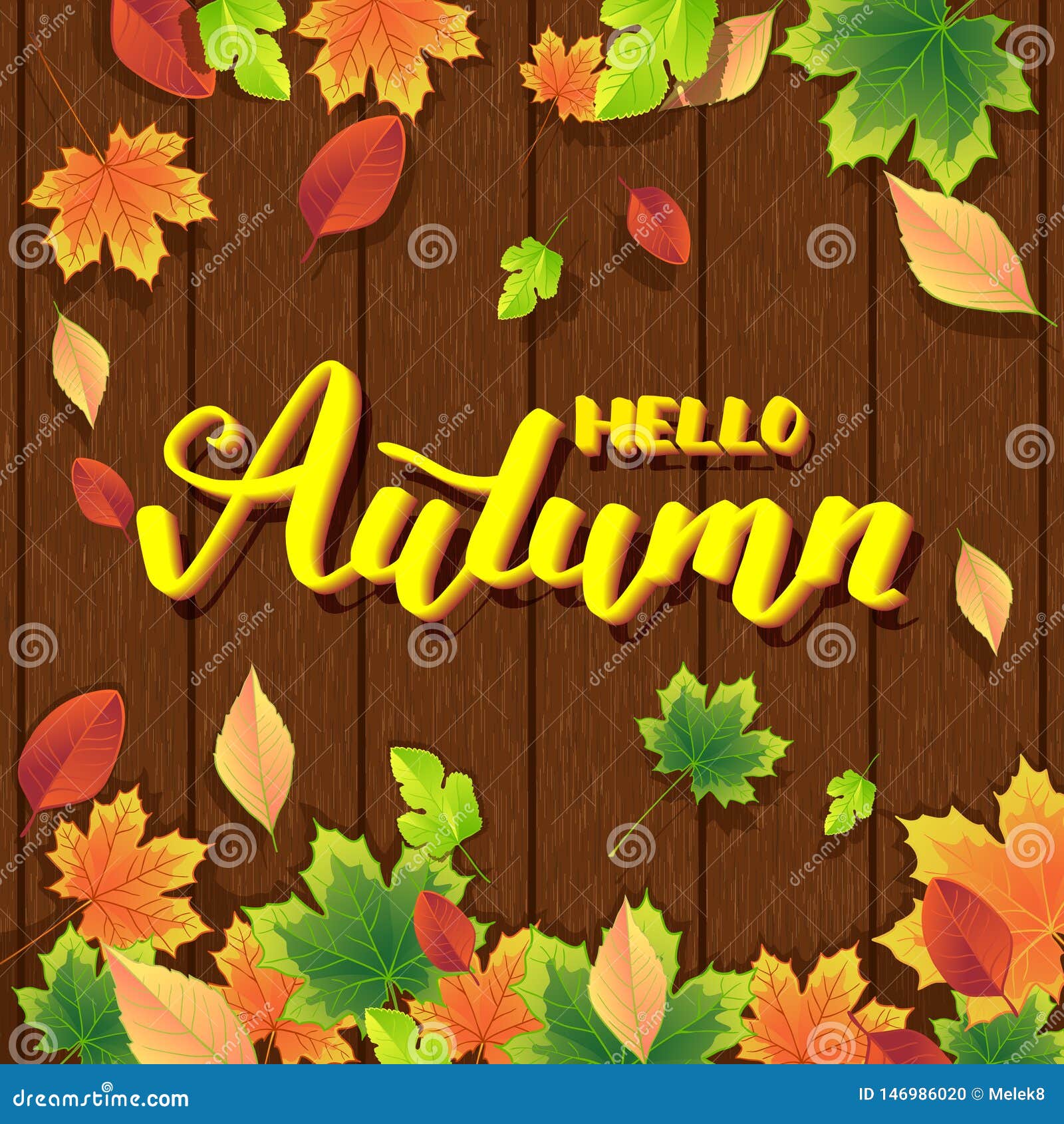 Autumn Background with Foliage and Quote Hello Autumn Stock