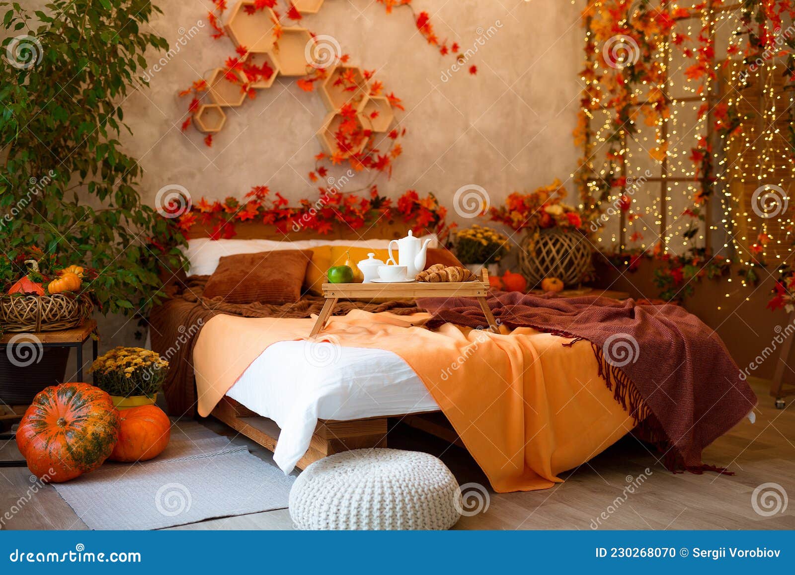 Autumn Bedroom, Living Room Interior. Red and Yellow Leaves and ...