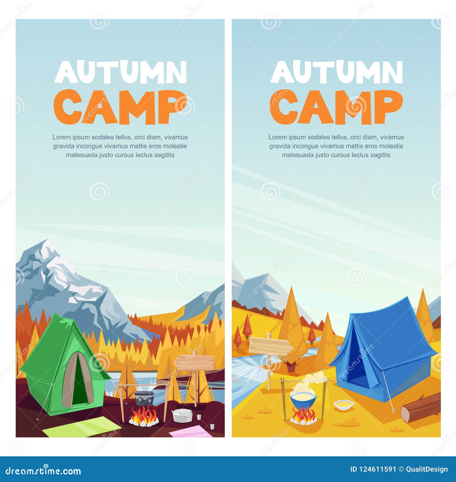 Autumn Camping In Mountains  Valley Vector Banner  Poster Design 
