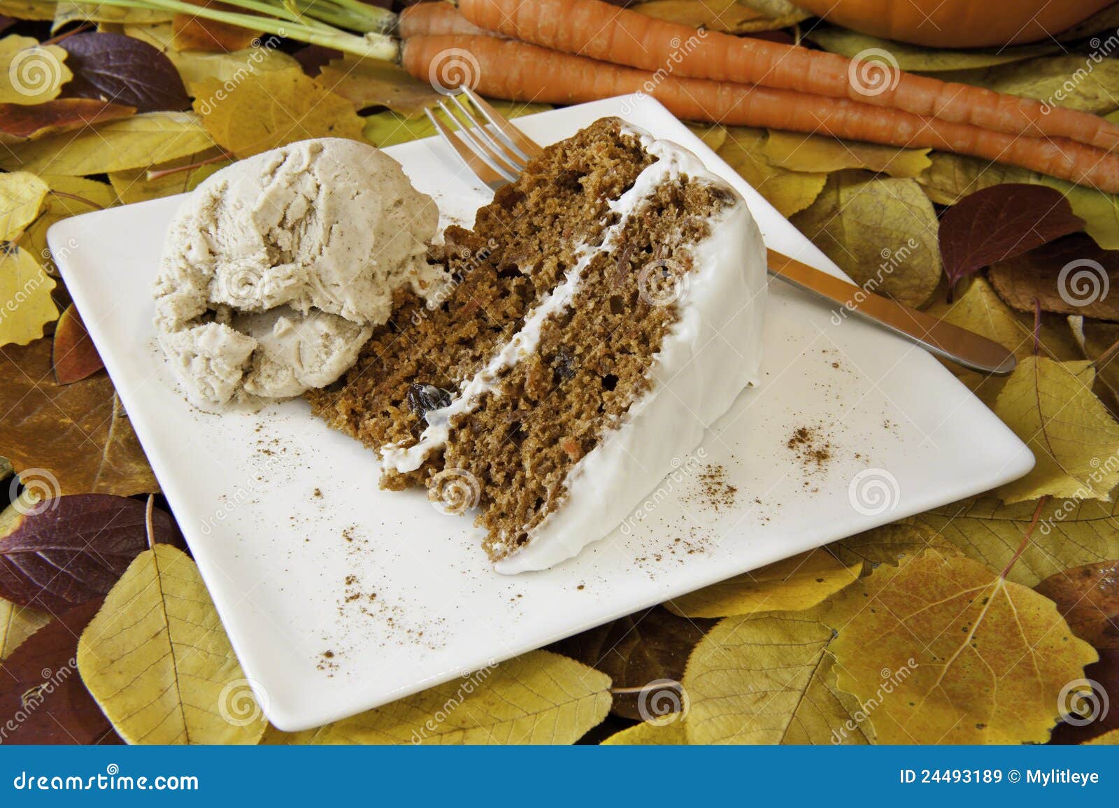 Autumn Carrot Cake and Ice Cream Stock Image Image of treat, cake