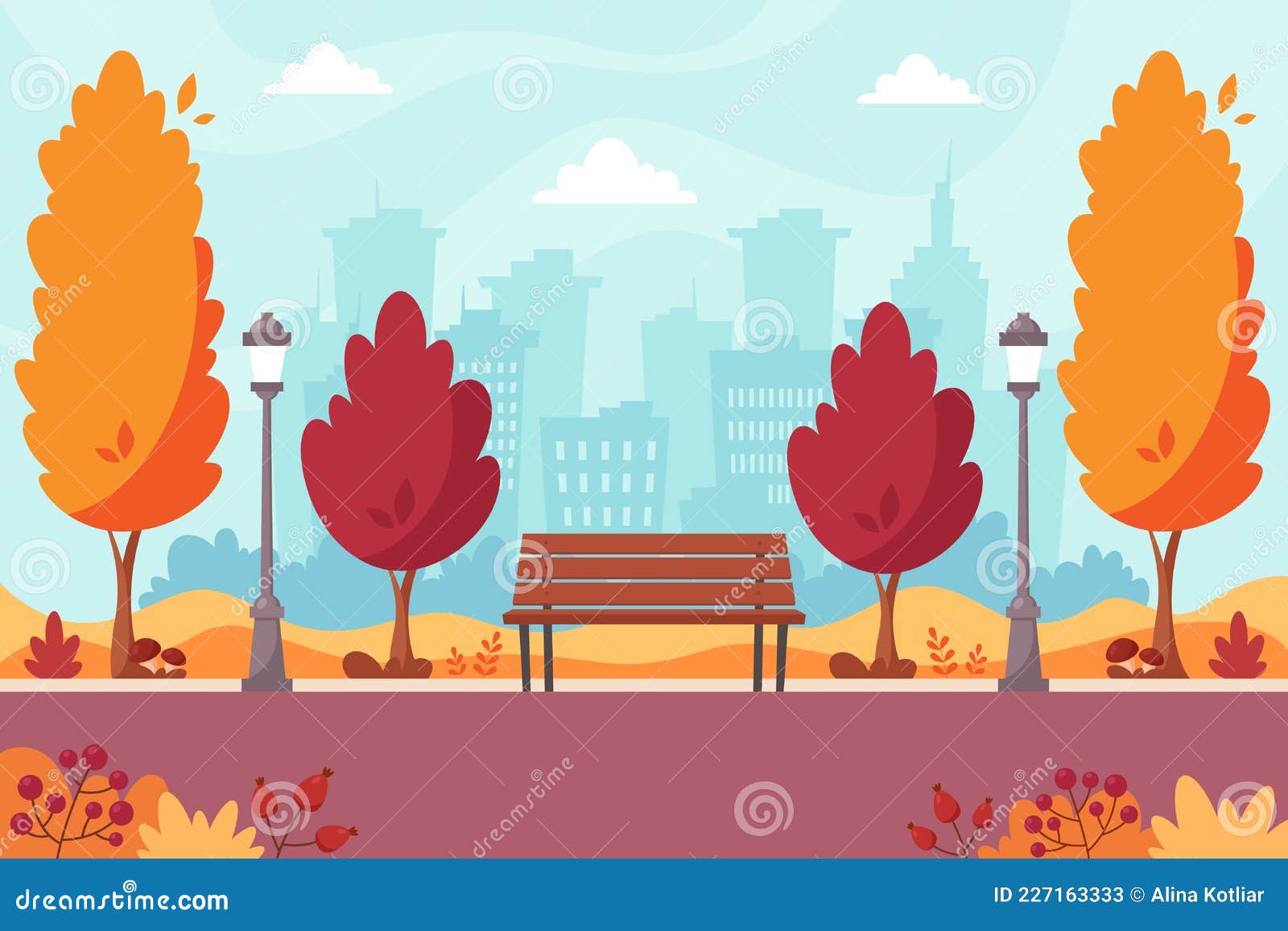 Autumn City Park With Bench Autumn Landscape Vector Illustration