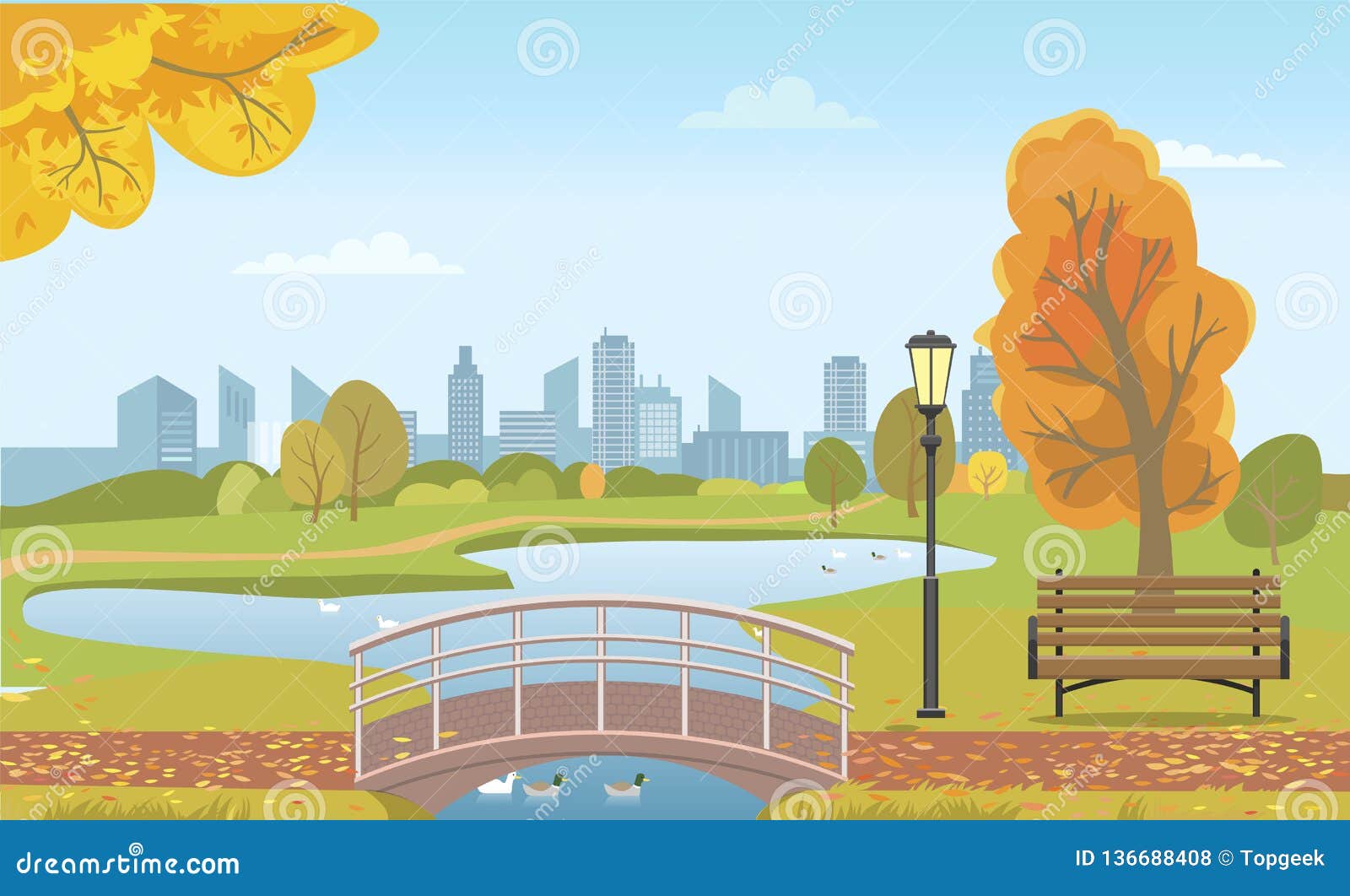Autumn City Park with Pond and Ducks Under Bridge Stock Vector ...