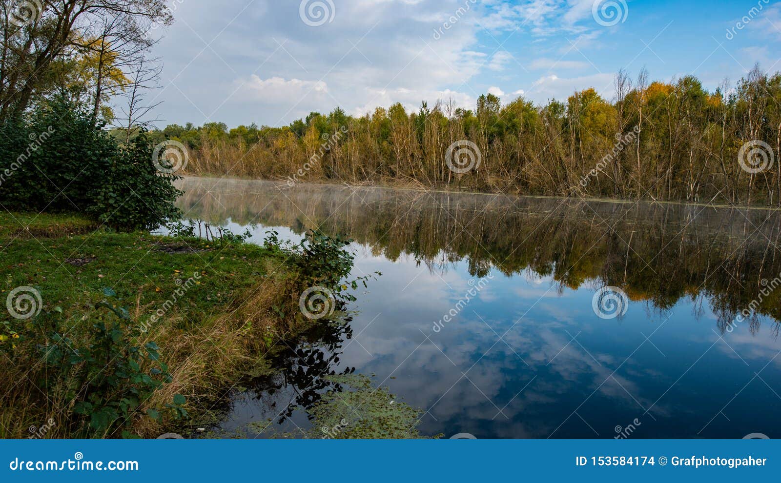 Autumn Deciduous Forest, Water River and the River Bank on a Sunny Day ...