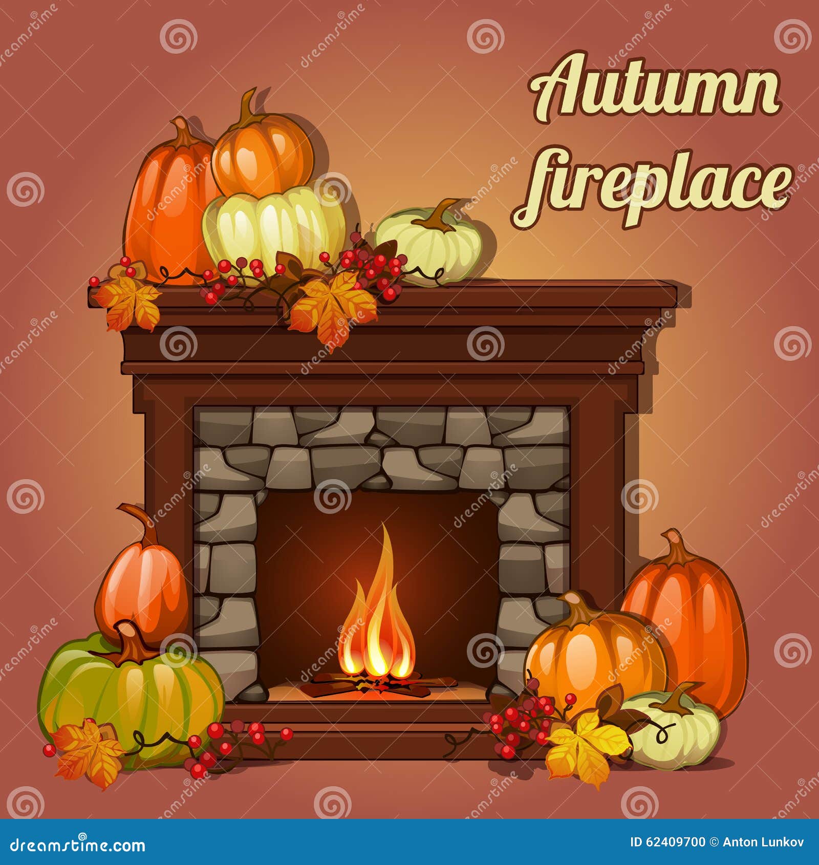 Autumn Decor, Pumpkins and Fireplace Stock Vector Illustration of