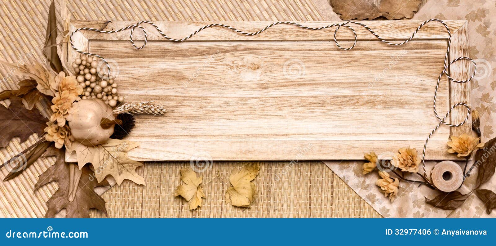 Autumn Decorations Around Wooden Board Stock Photo Image of green