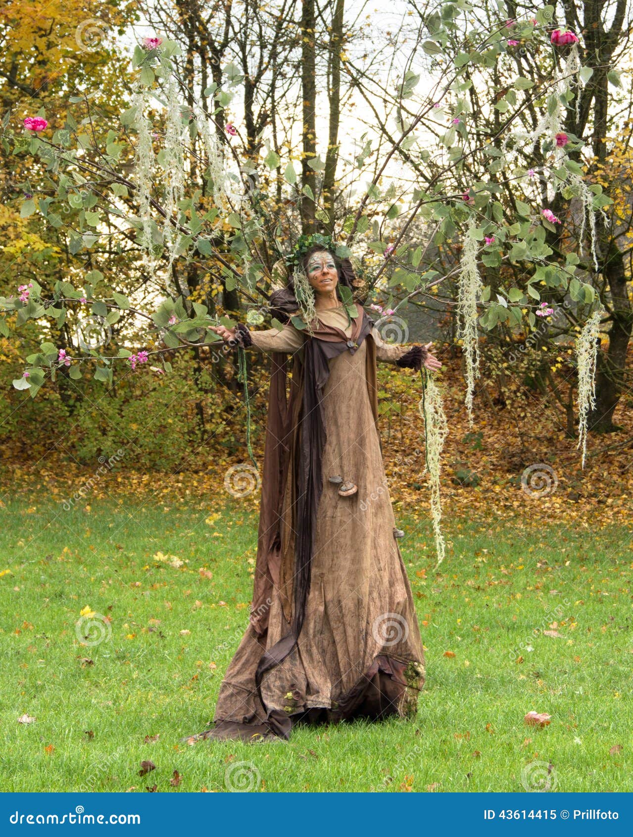 Autumn Fairy. Il paesaggio di autunno compreso un fatato adattato ha vestito l'esecuzione dell'attore femminile
