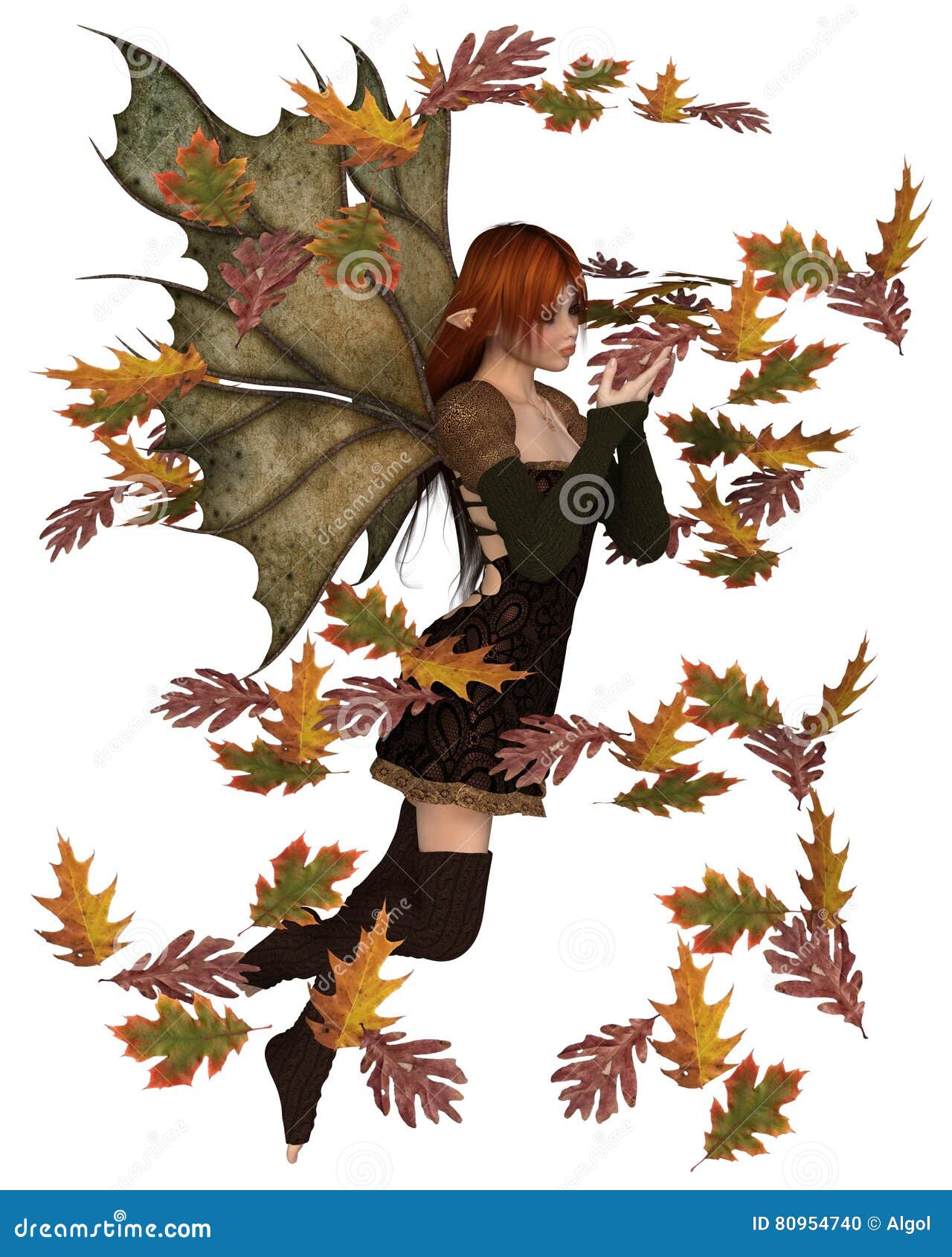 Autumn Fairy com folhas de roda. A ilustração da fantasia de uma fada do outono vestiu-se no marrom com cabelo vermelho e as asas da folha, jogando com as folhas de roda dispersadas, 3d renderam digitalmente a ilustração