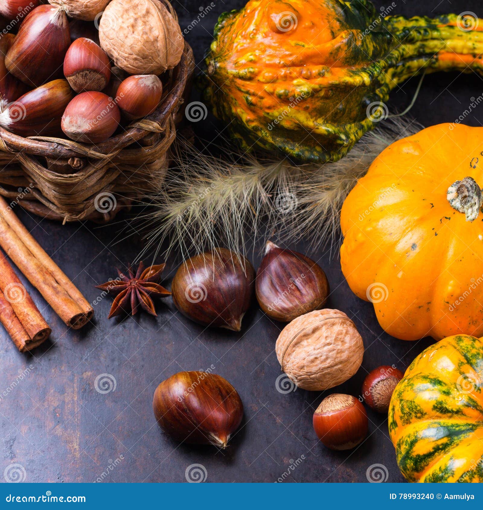 Autumn Fall Halloween Still Life Composition with Pumpkin Nuts Chestnut ...