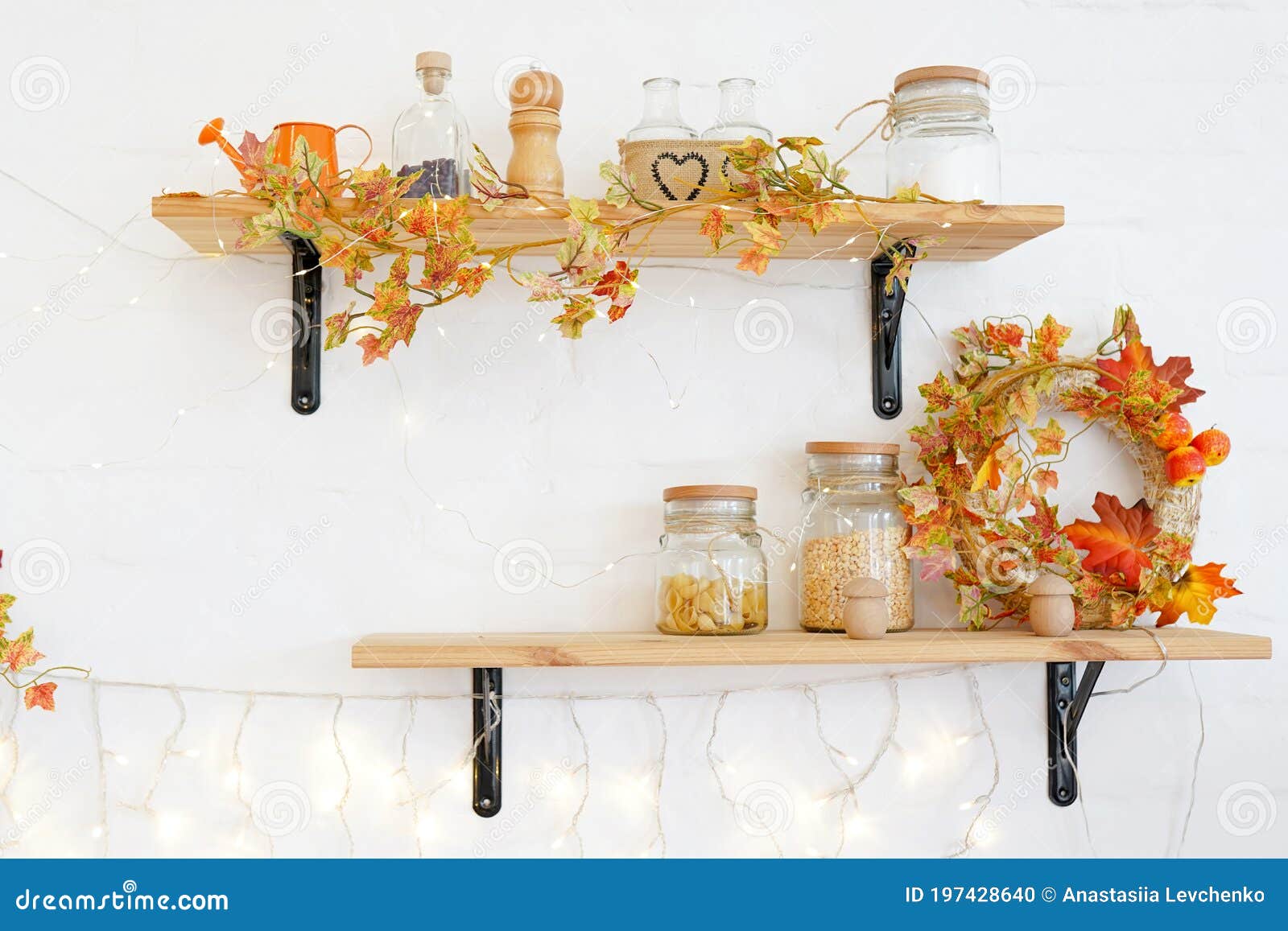 Autumn or Fall Home Interior Decor. Wooden Shelf of White Wall Stock