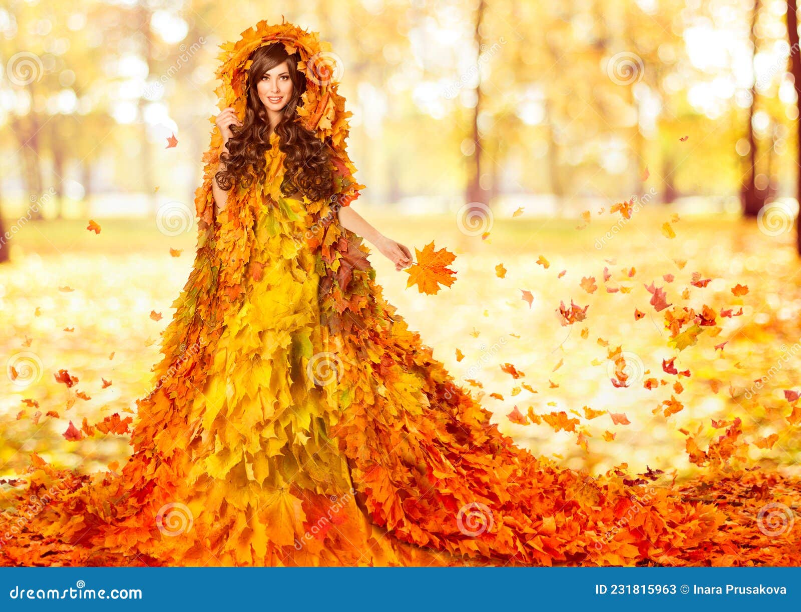 Autumn Fashion Model in Maple Leaves Orange Dress. Fantasy Woman in ...