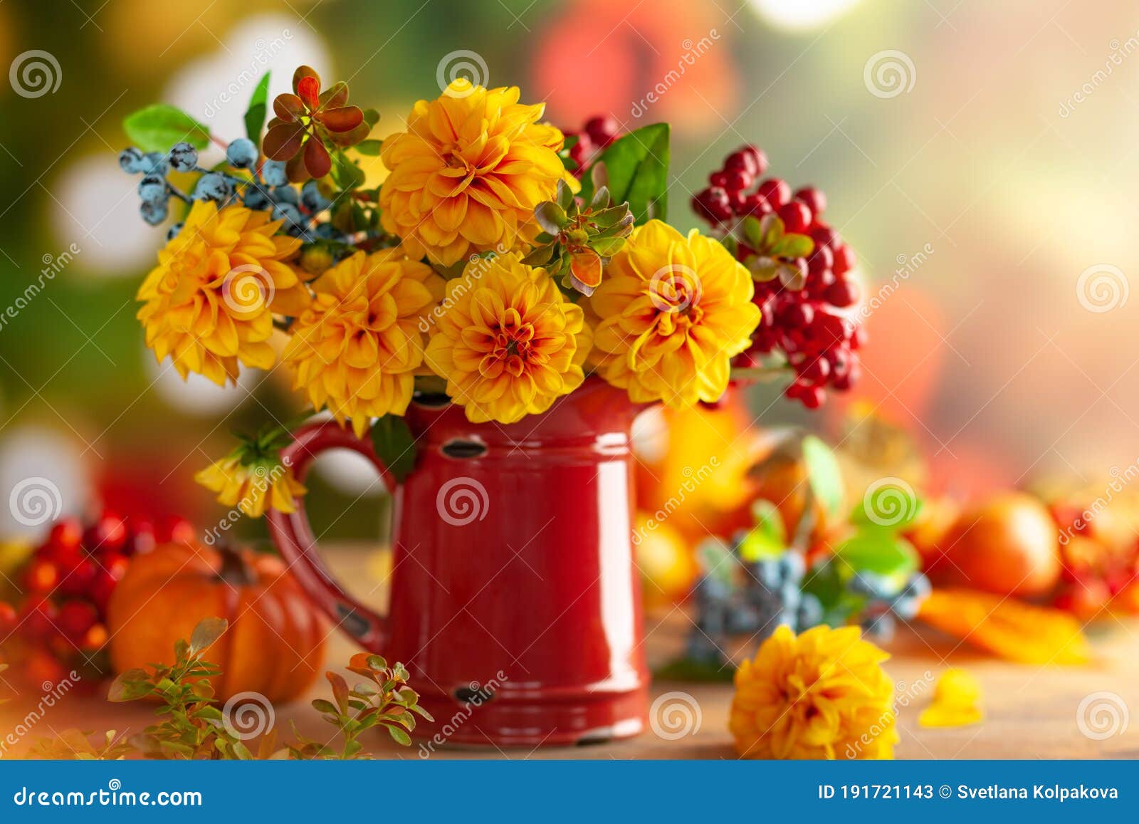 Autumn Floral Still Life with Beautiful Yellow Dahlia in Vintage Red ...