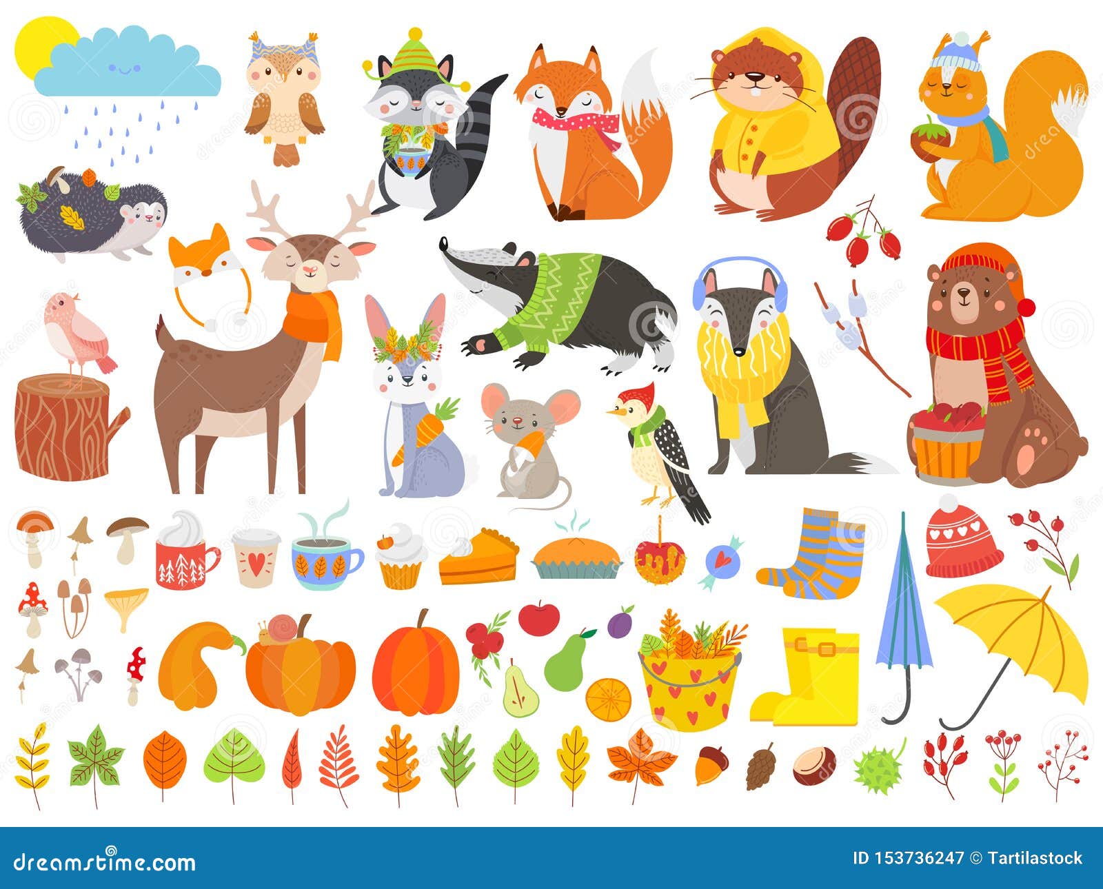 autumn forest animals. fall squirrel, funny bear and cute autumnal fox. fallen leaves cartoon  set