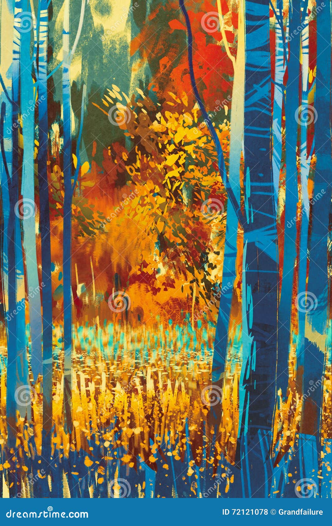 autumn forest with blue trees in the foreground