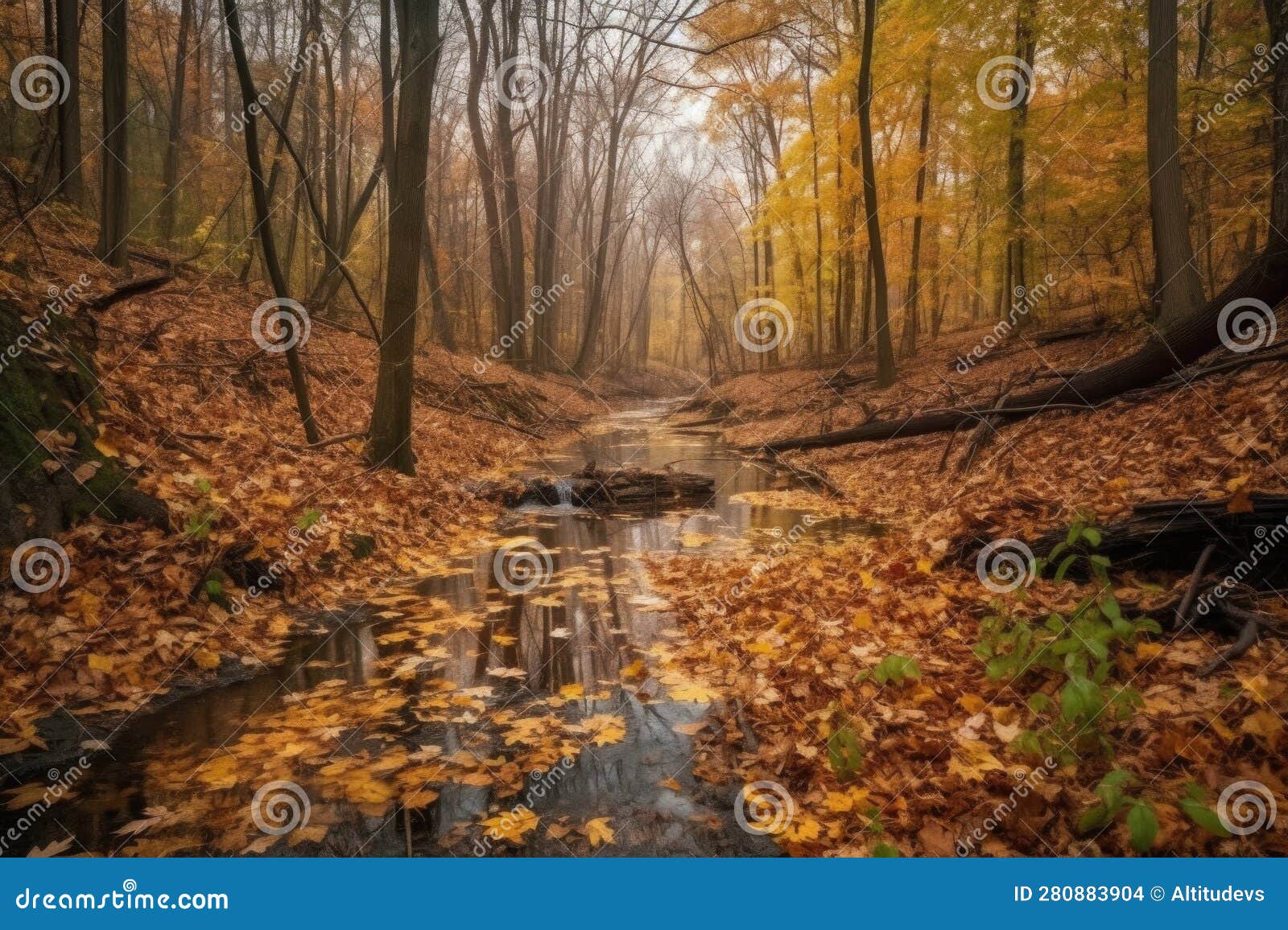 Autumn Forest Hike with Crunchy Leaves and a Stream in the Background ...