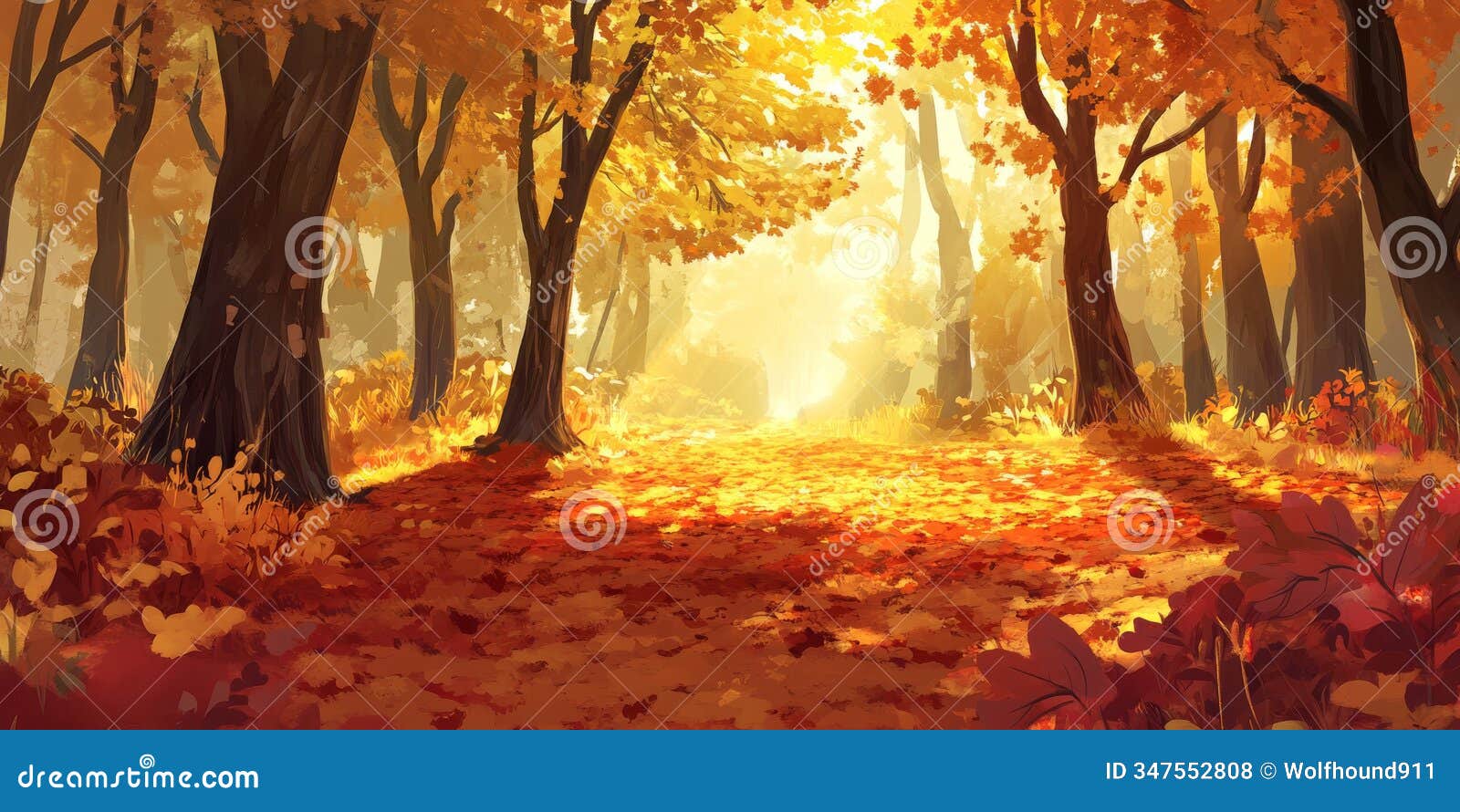 an autumn forest scene with golden and red leaves blanketing the ground and trees creating a canopy