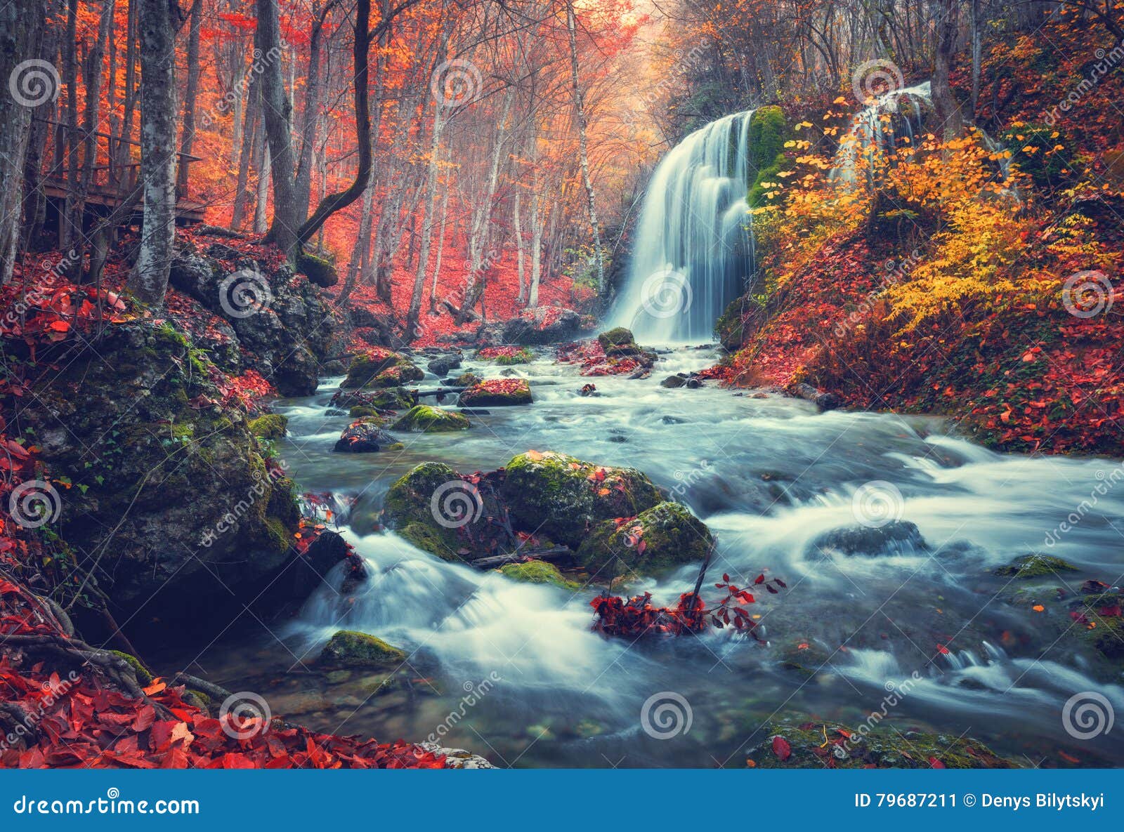 Autumn Forest With Waterfall At Mountain River At Sunset Stock Image