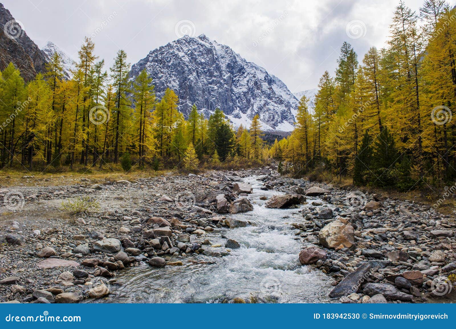 Autumn Landscape With The Aktru River And Karatash Peak Altai