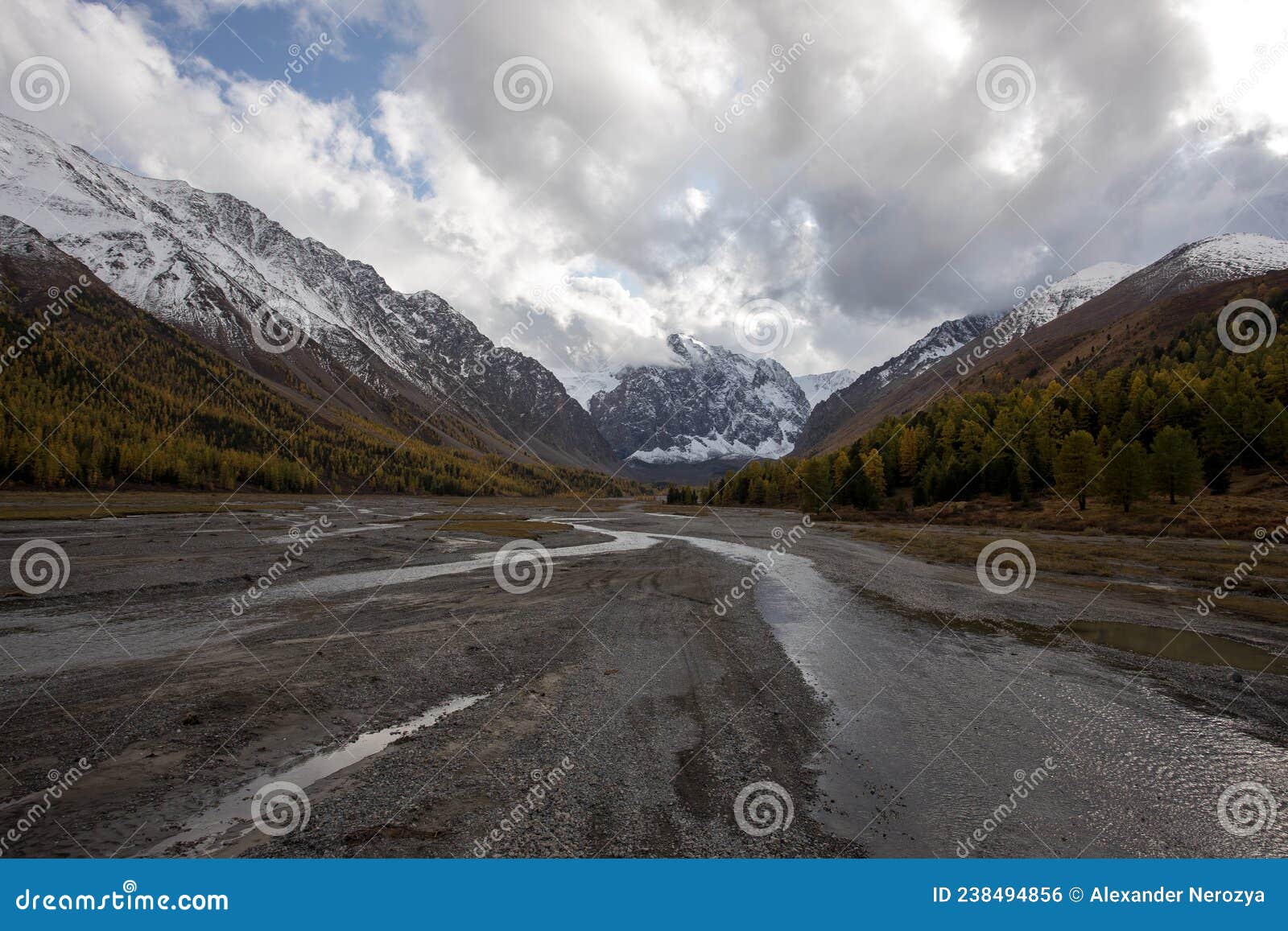 Autumn Landscape With Aktru River And Peak Karatash Altai Stock Photo