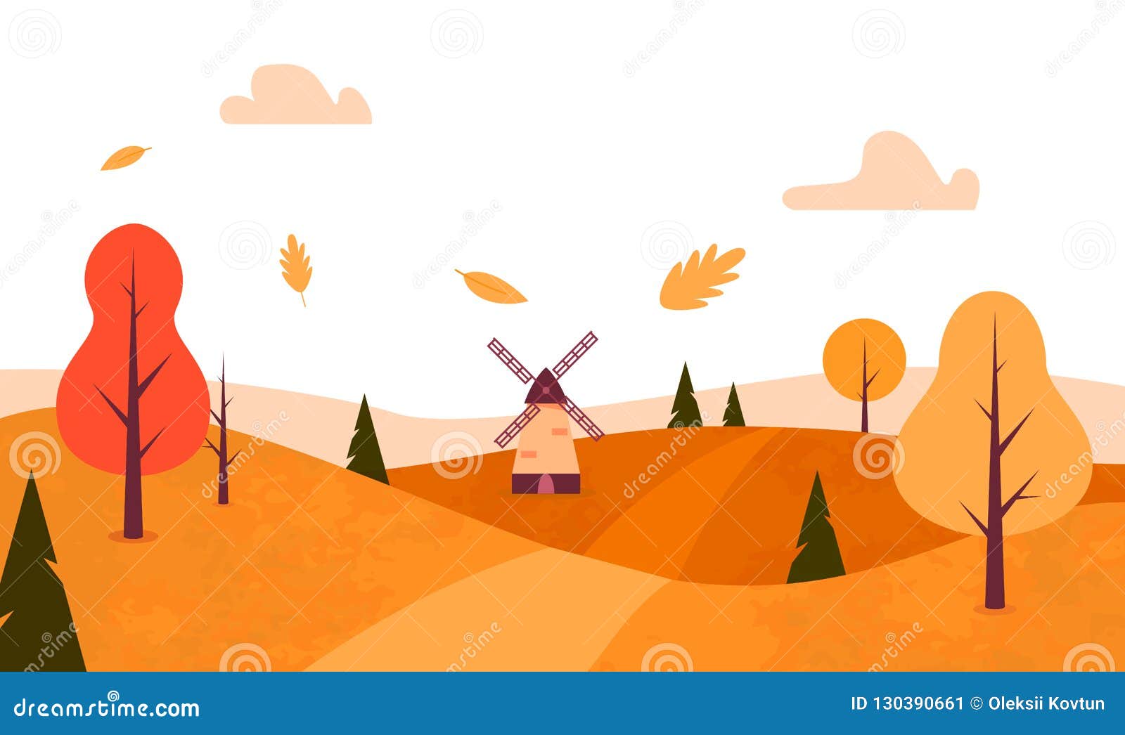 Autumn Landscape. Flat Style. Fall Trees, Leaves, Windmill. Vector