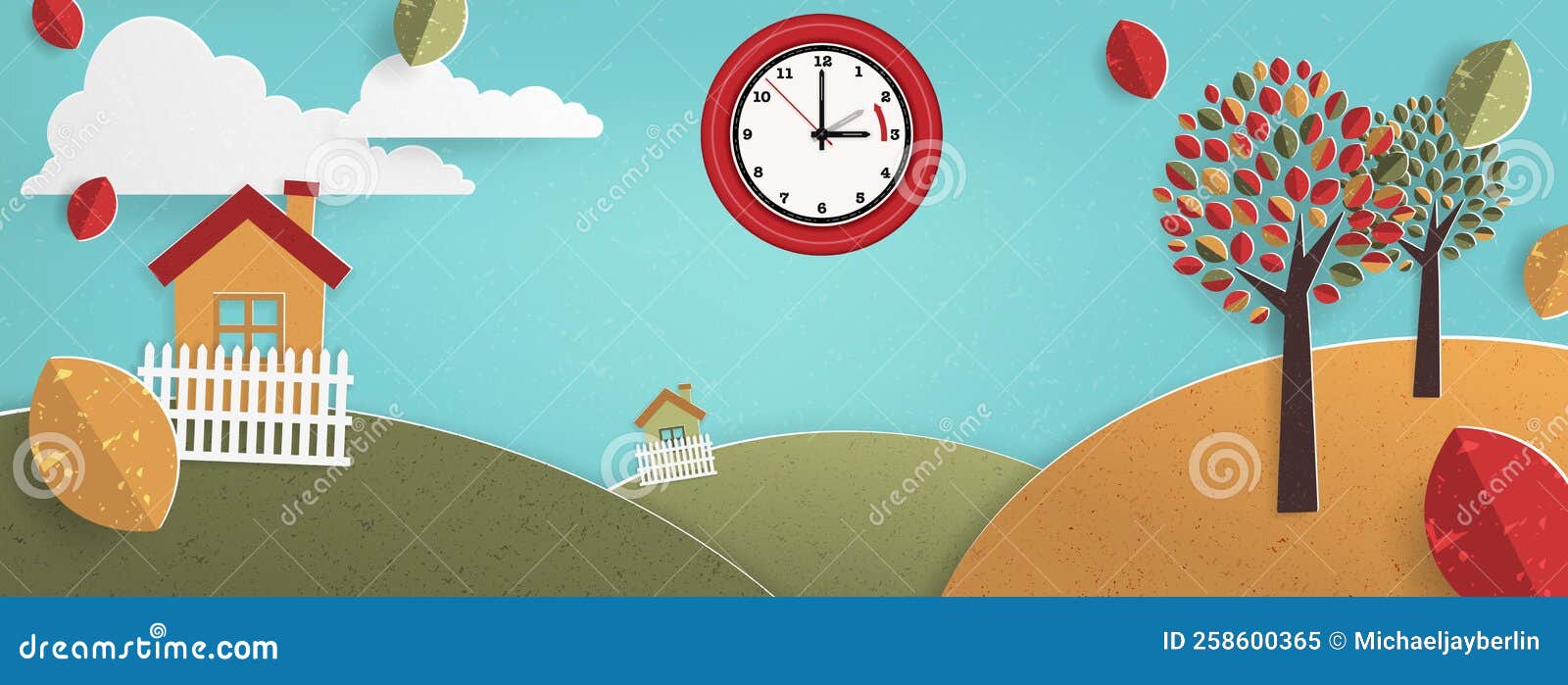 Autumn Landscape Illustration with Clock for Fall Daylight Savings Time