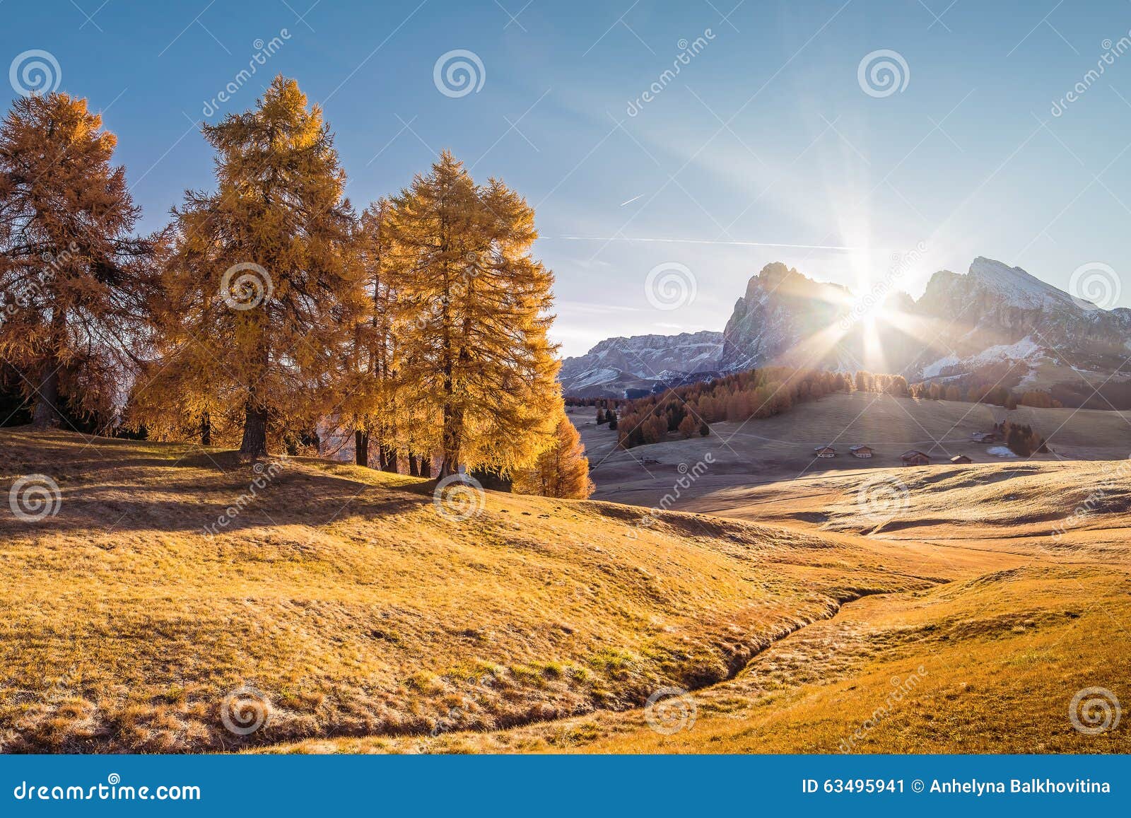 Autumn landscape with mountain and larch trees