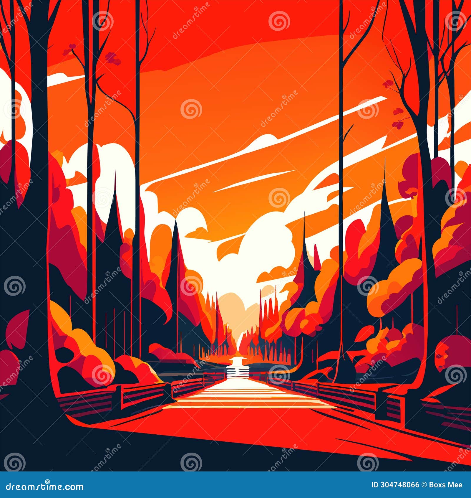 Autumn Landscape with Road and Trees. Vector Illustration in Cartoon ...