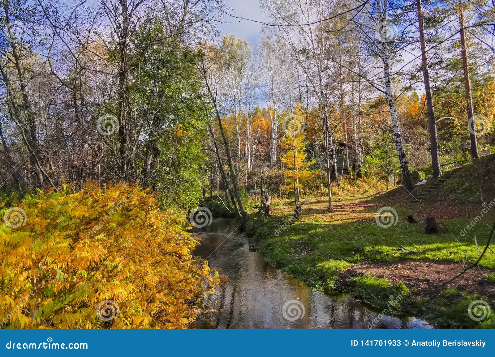 Autumn Landscape with Small Rural River at the Edge of the Village