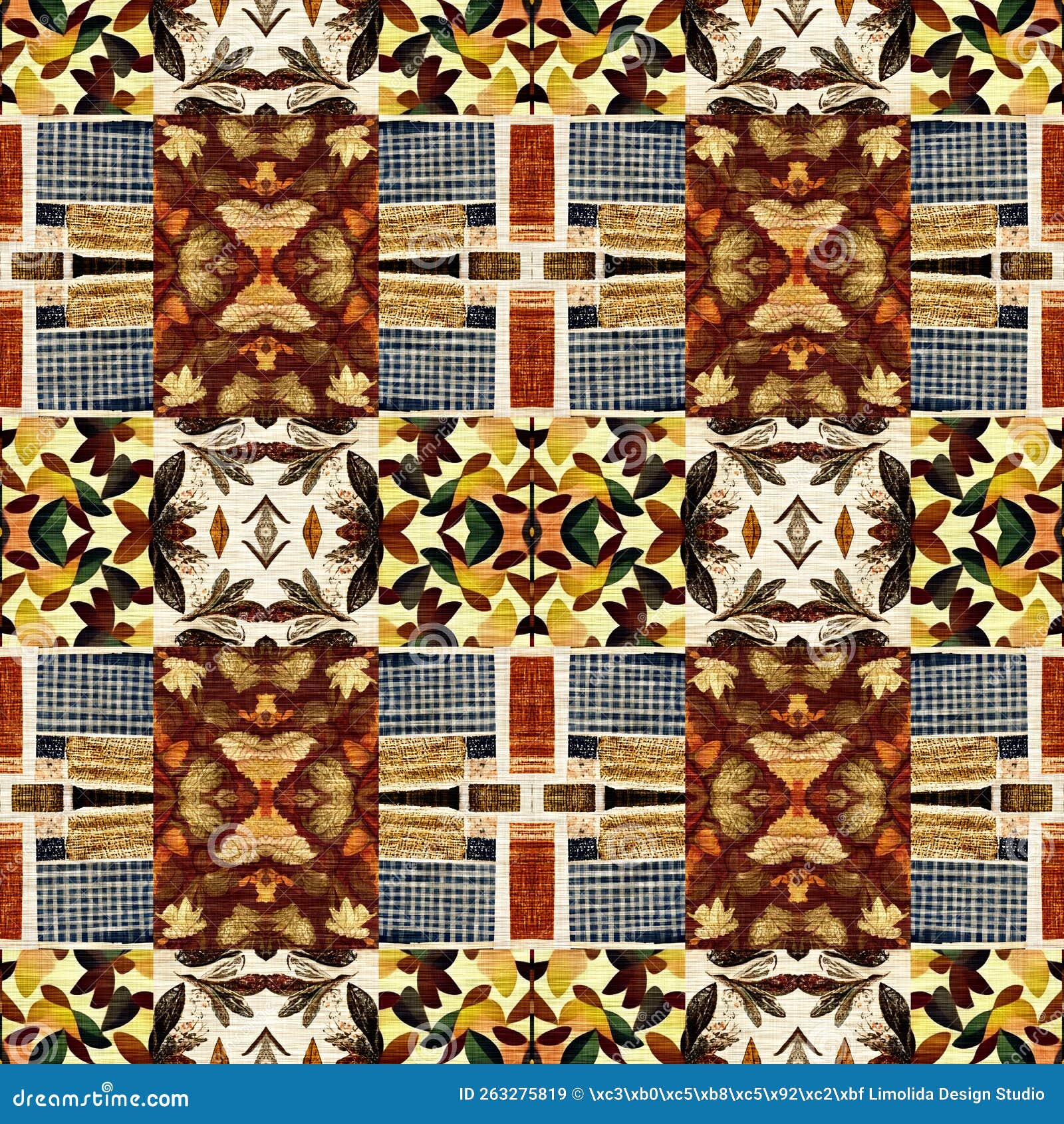 autumn leaf quilt style vintage seamless pattern. homely cottage core patchwork boho  for 70s background. natural