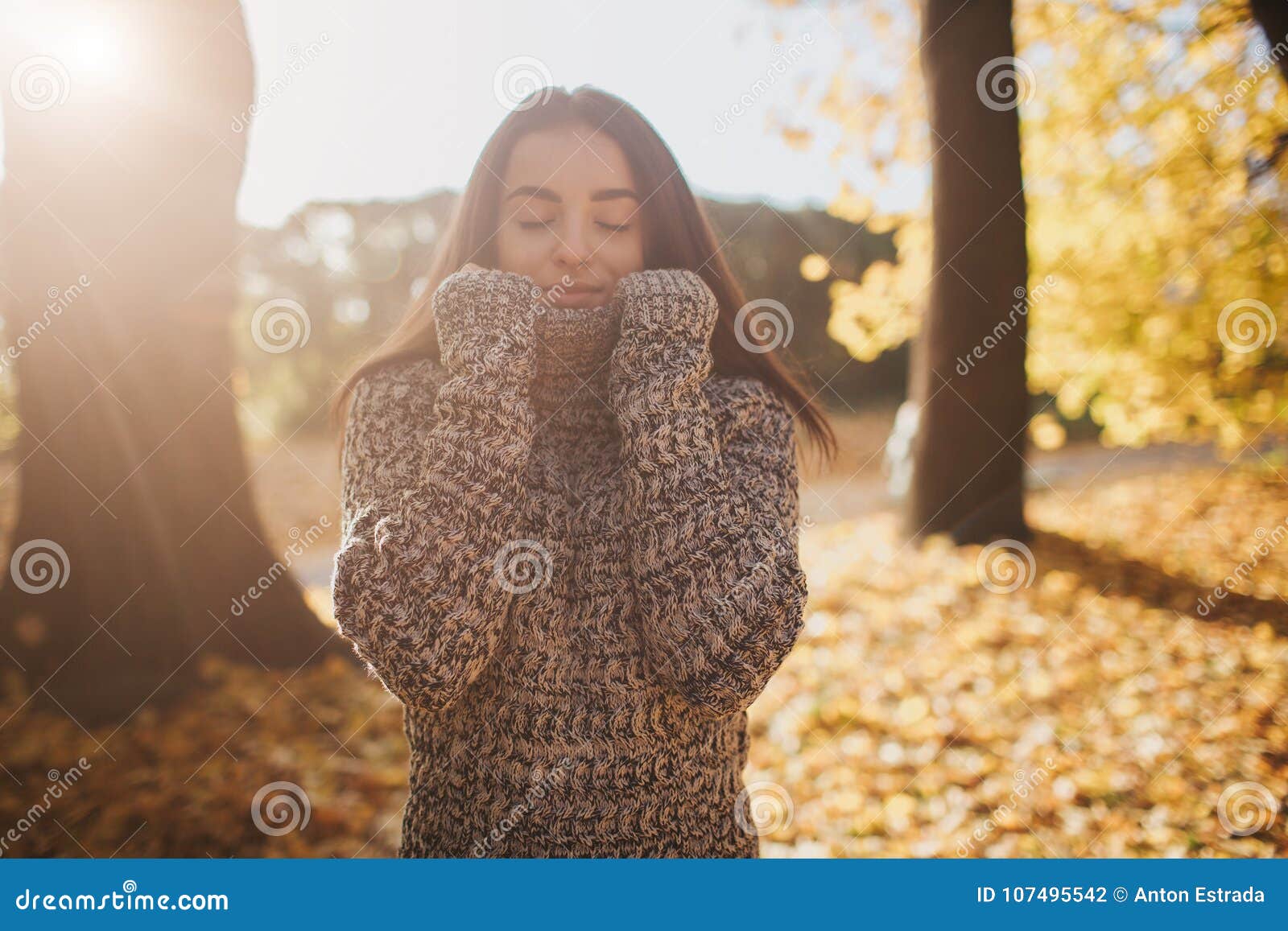 Autumn Leaves Falling on Happy Young Woman in Forest. Portrait of Very ...